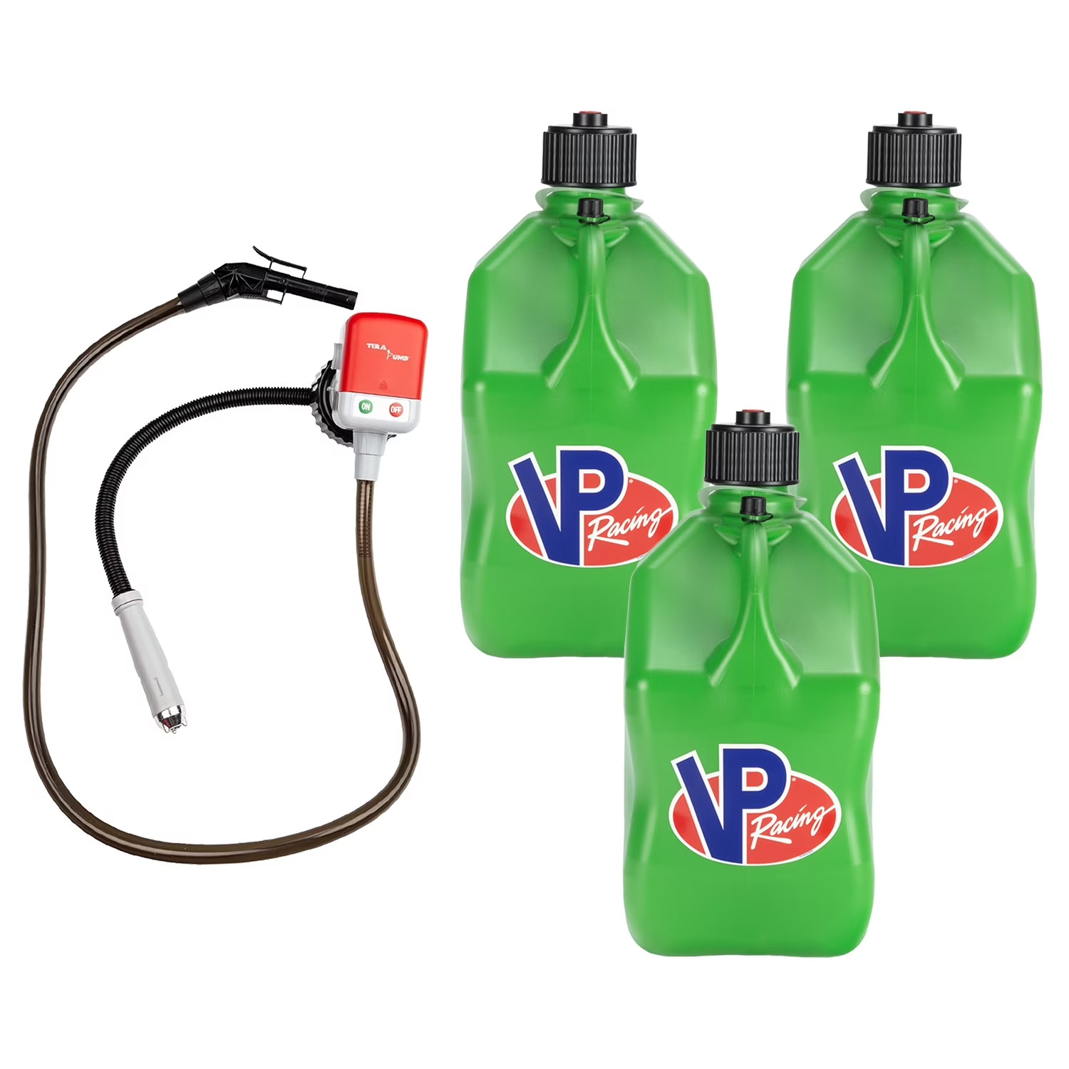 VP Racing 3562-CA, 5.5-Gal. Green Jug(3PK) w/Battery Powered Fuel pump(1PK)