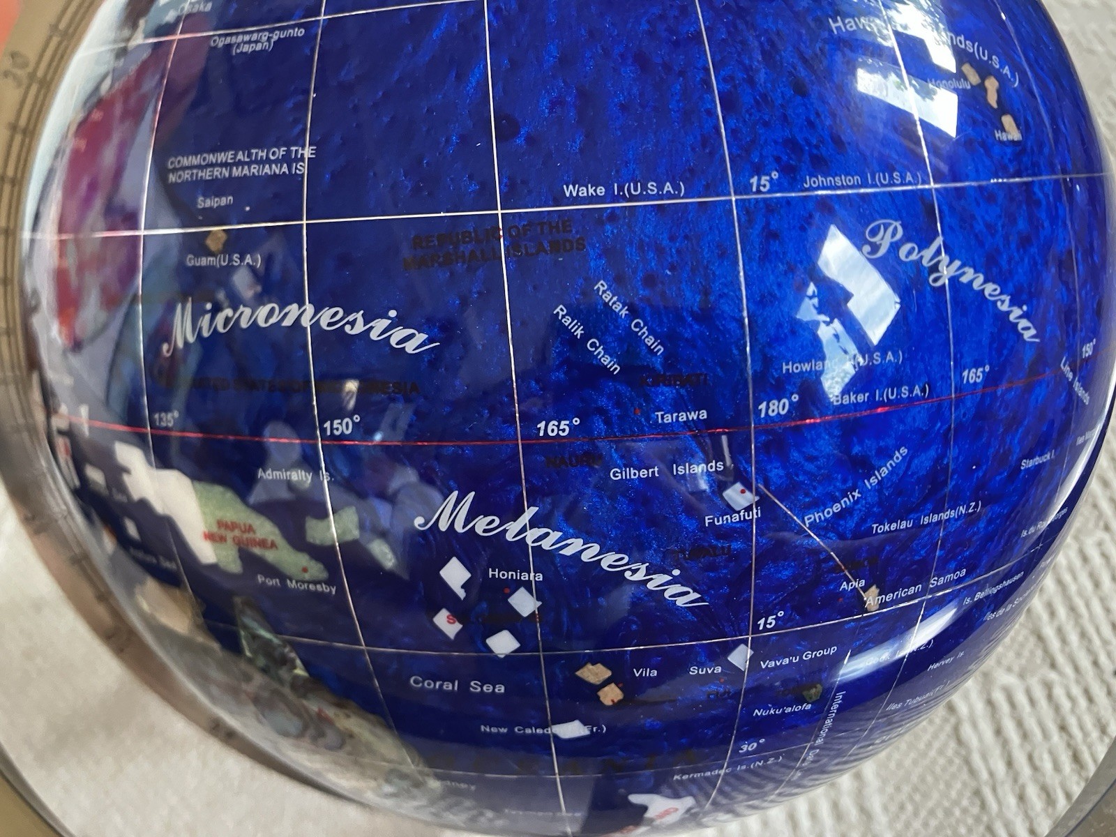 Blue Gemstone Tabletop World Globe w/ Rotating Silver Metal Base Compass