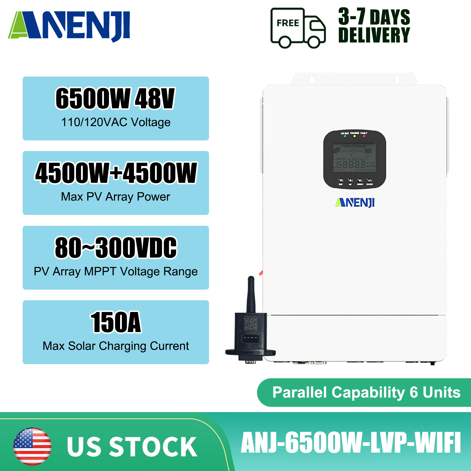 6500W Hybrid Solar Inverter On Grid 48V 150A 110V/120V MPPT Parallel CT Wifi US
