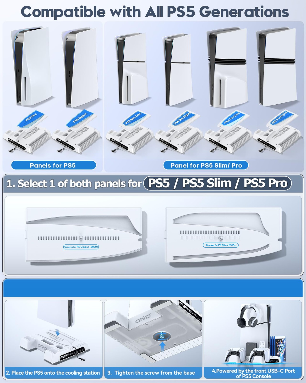 PS5/Slim/Pro Stand and Cooling Station with LED Controller Charging All White