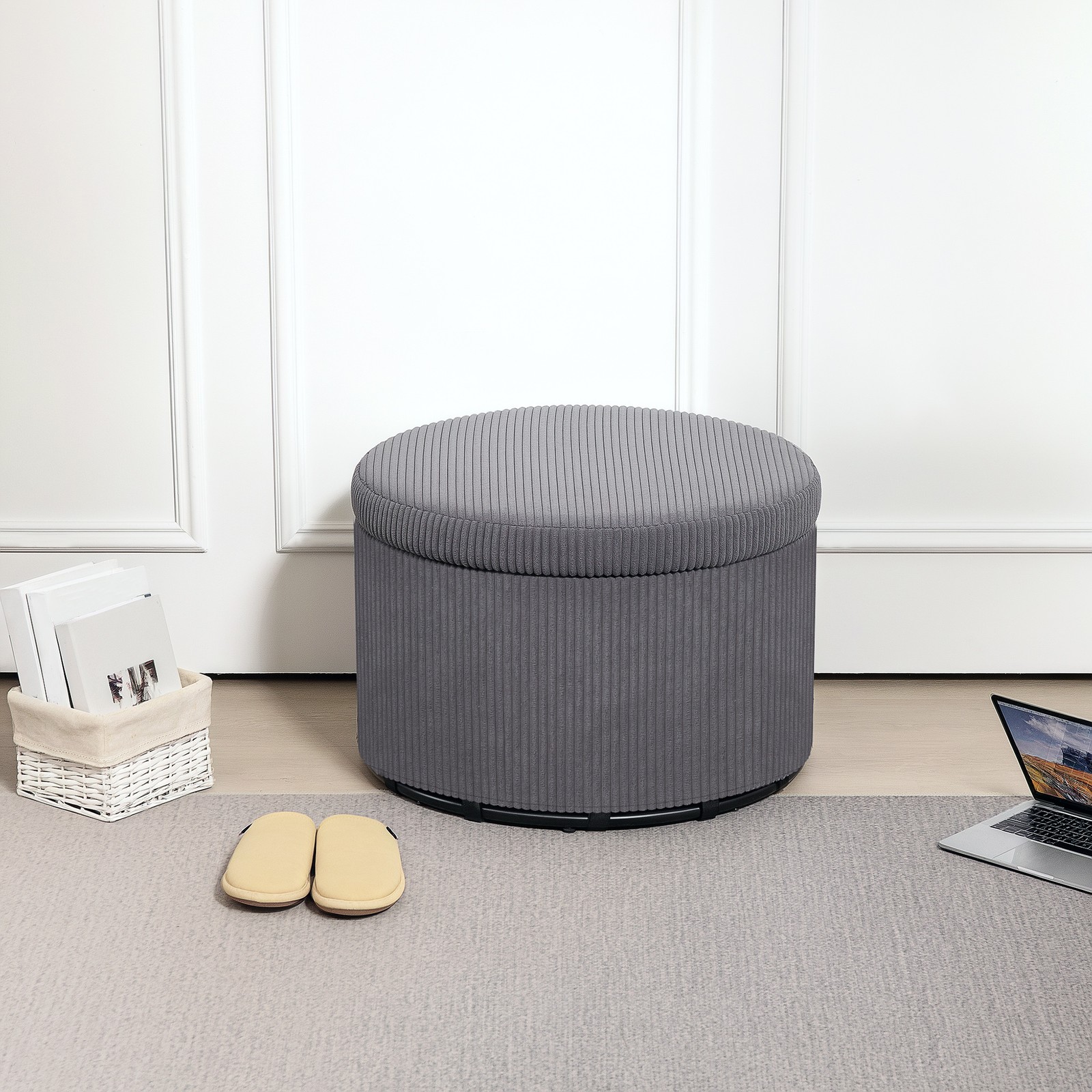 24 Inches Round Storage Ottoman Stool with Lid, Upholstered Corduroy Foot Rest