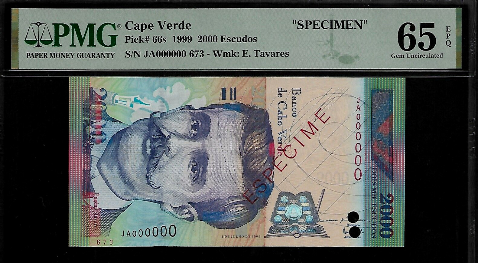 Cape Verde Specimen 2000 Escudos 1999 PMG 65 EPQ UNC   P#66s Wmk E.Tavares