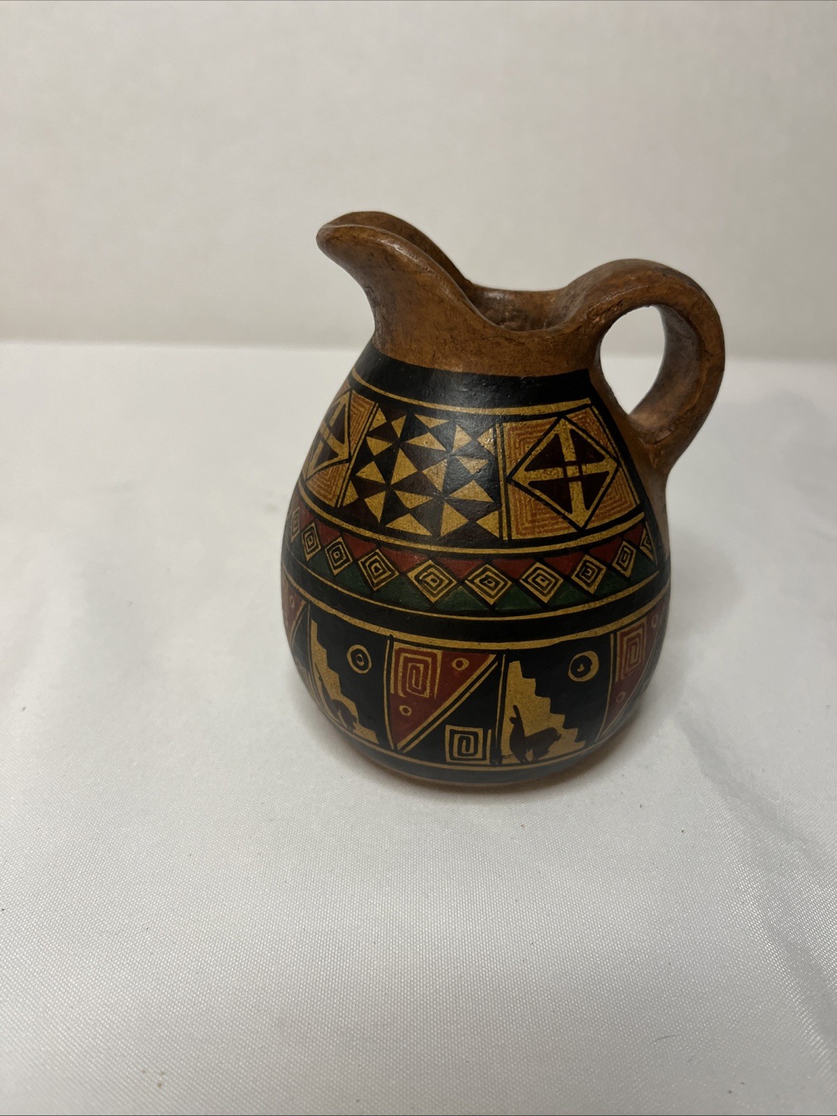 Vintage Hand painted Peruvian ceramic Miniature pitcher Geometric & Animals