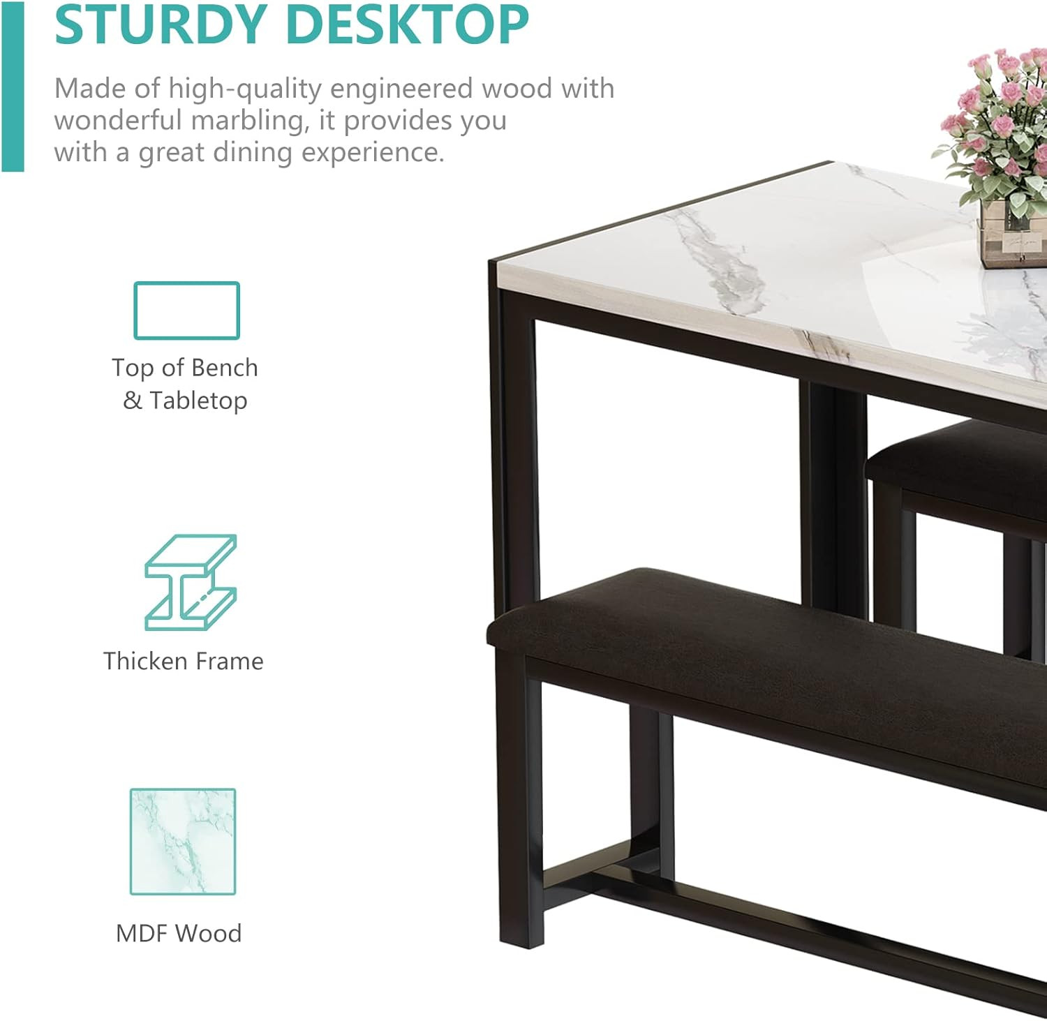 Dining Table Set for 4, Kitchen Table and Chairs for 4, Faux Marble Dining Room