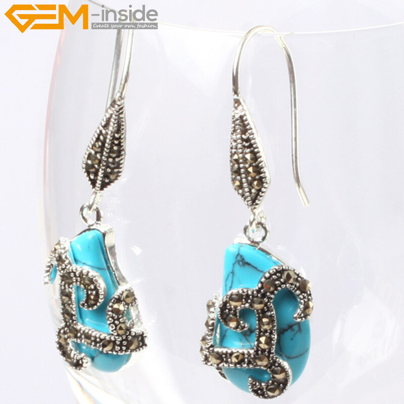 Marcasite & Gemstone Dangle Earrings - 925 Silver Hook, Assorted Natural Stone