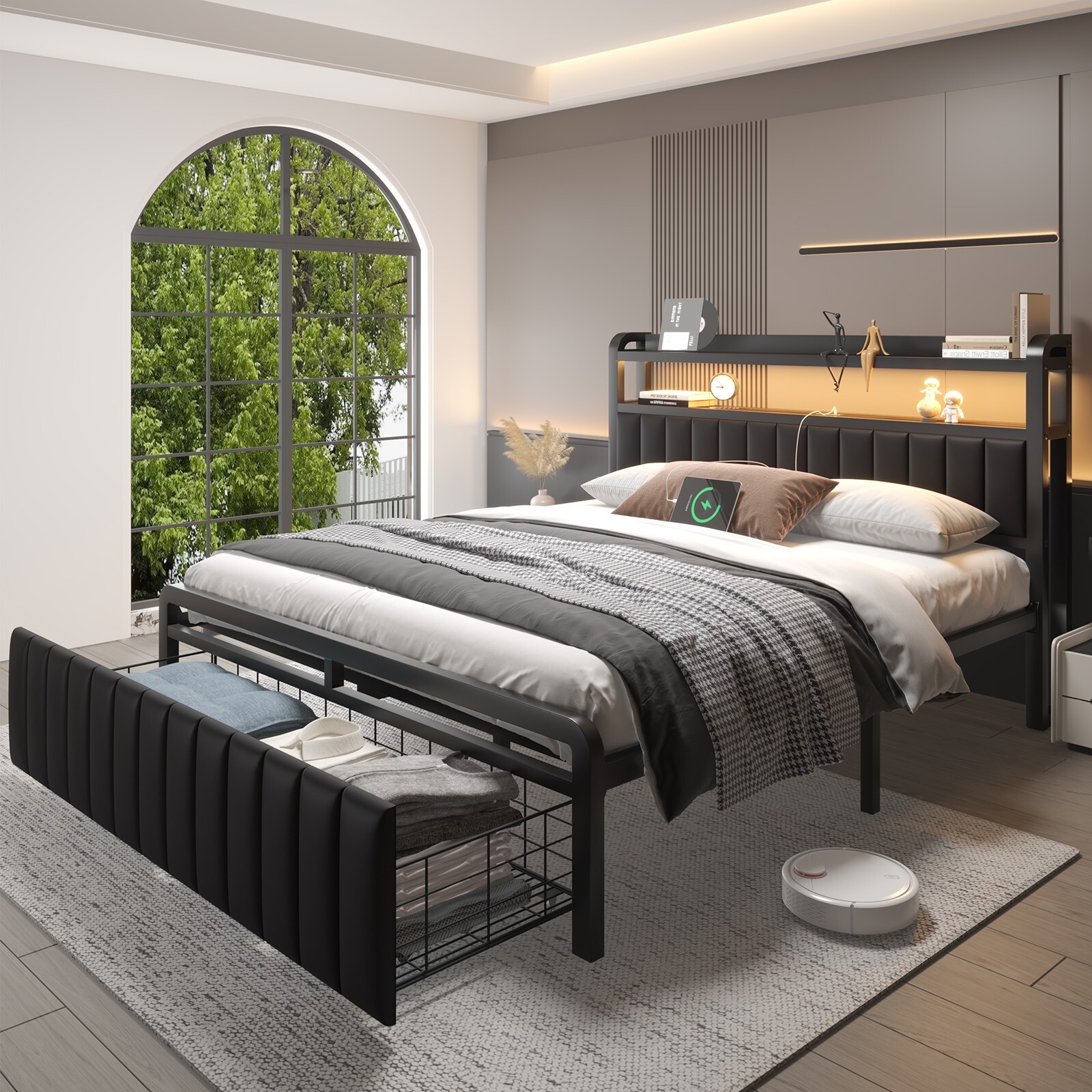 Metal Full Queen Bed Frame with Storage Drawers and  Storage Leather Headboard