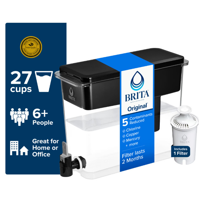 Brita 27 Cup Plastic Water Filtration Dispenser, Black, 1 Standard Brita Filter