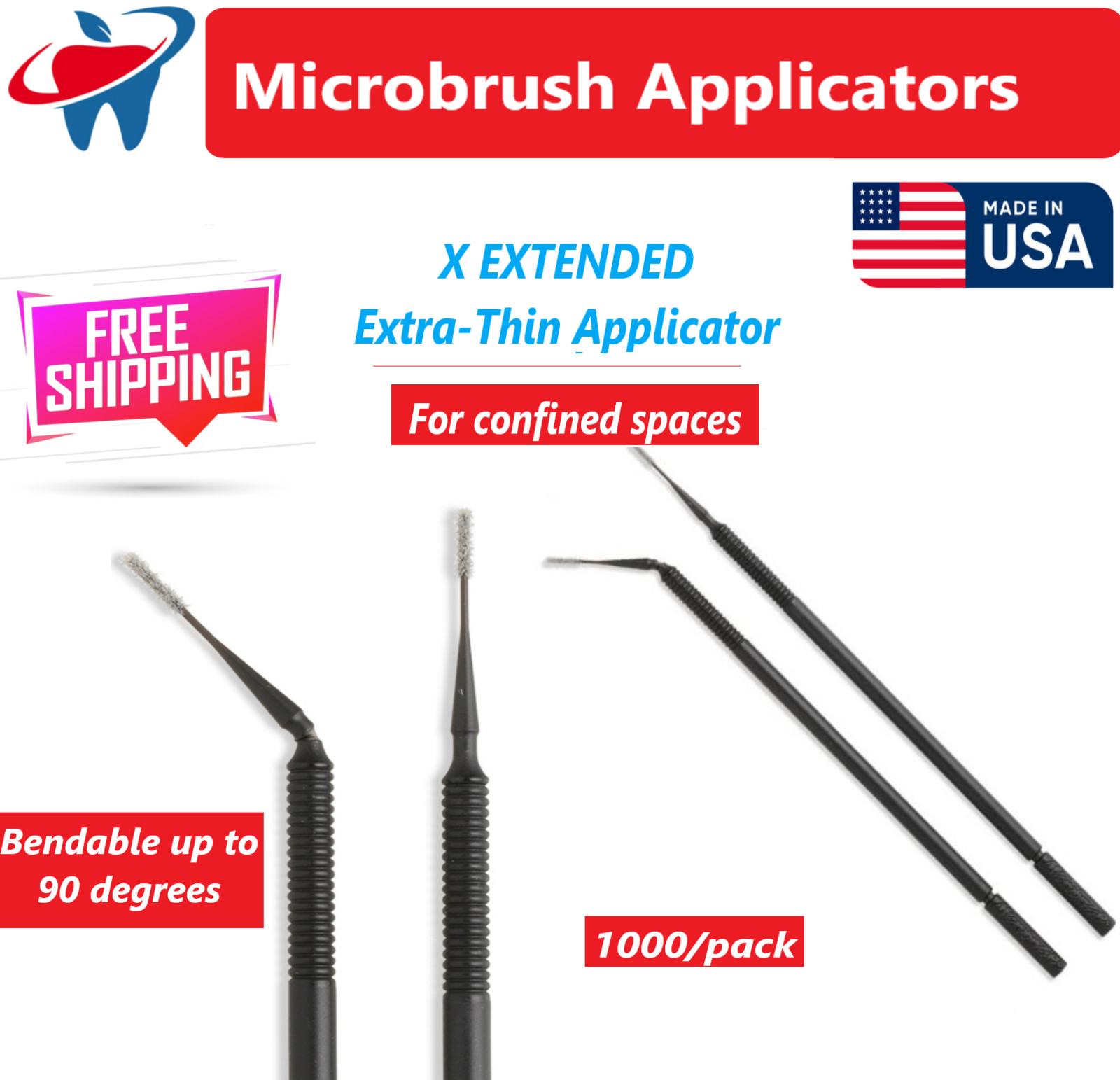 Microbrush X Extended, Extra-Thin Applicators, Black, 1000/Pk, Bendable up to 90