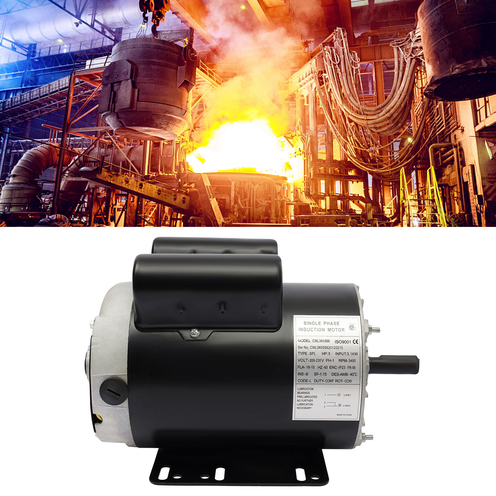 5HP Air Compressor Motor, 5/8" Shaft, 208-230V, Durable Performance