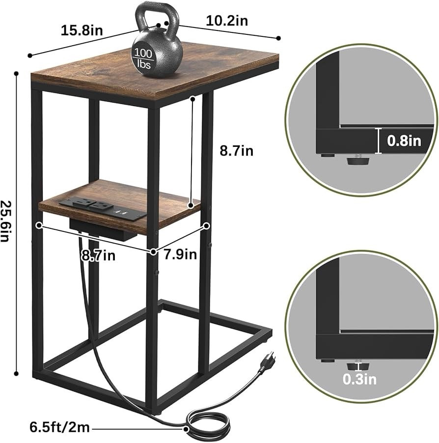 Yoobure C Shaped End Table with Charging Station for Living Rustic Brown