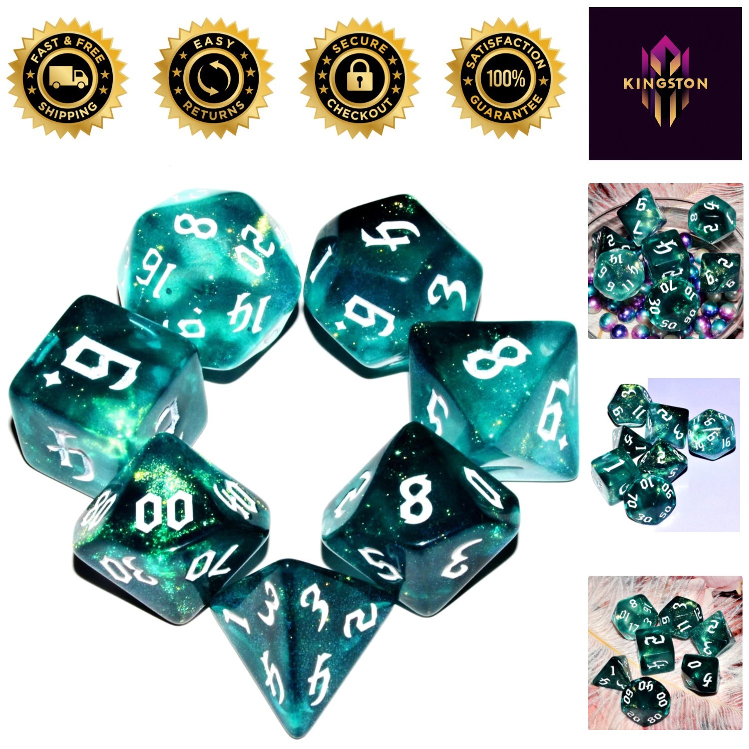 Elegant Dark Green and Cyan Glitter DND Dice Set - 7 Polyhedral Dice for RPGs