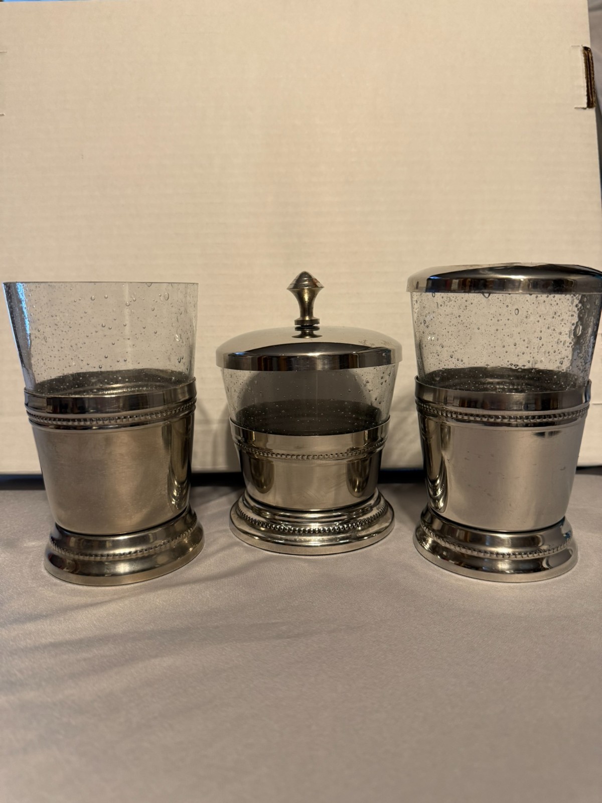 Silver Plated Bathroom Set, cup, toothbrush Holder, cotton ball holder FLAW