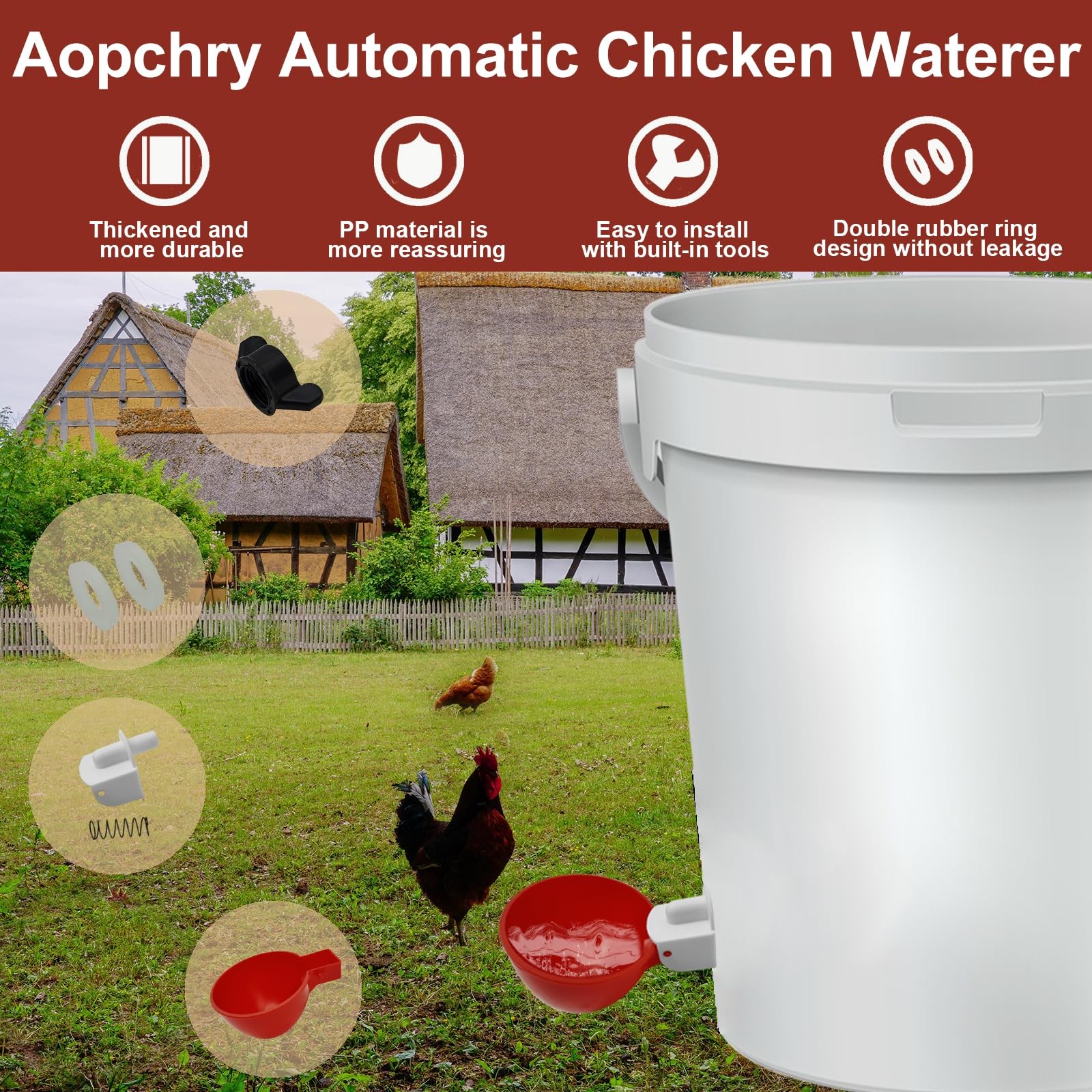 Aopchry 8 Pack Automatic Chicken Waterer, Red Water 8-Pack,