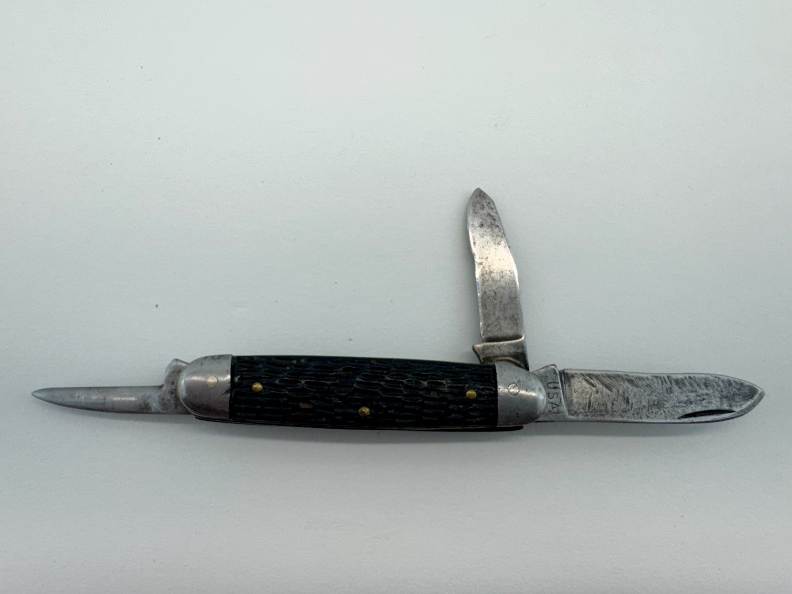 Vintage USA Old 3 Blade Folding Pocket Knife Black Handle