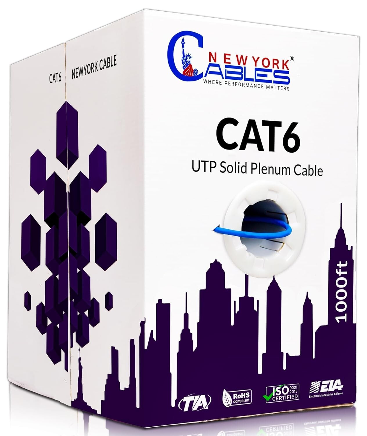 Cat6 Plenum Ethernet Cable 1000ft, 100% CCA, 23AWG, UTP, 550MHz, 10Gbps
