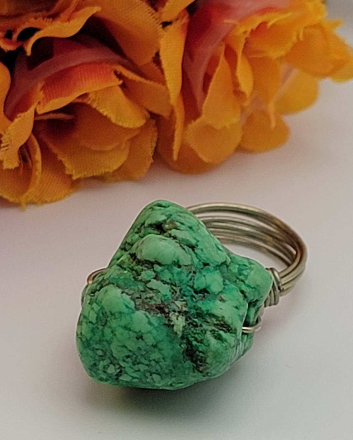 Artisan Handmade Rough Green Stone Nugget Wrap Statement Ring 6.5  Boho