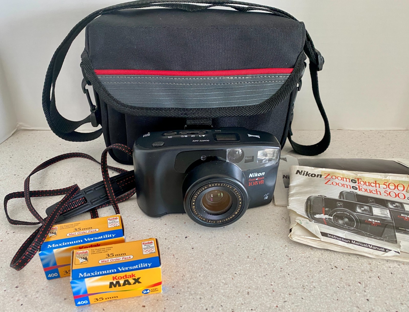 Nikon 105VR Zoom Touch 38-105 Camera Lot Bag 2 Kodak Max 400 35mm 24 exp Film