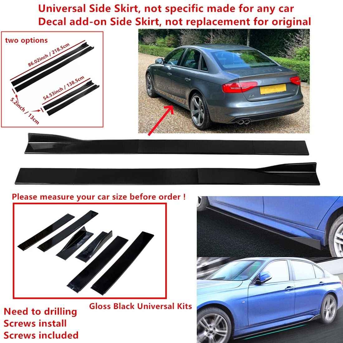 86/54.5" For AUDI A4 B8.5 2013-2016 Sedan S4 Universal Side Skirt Extension Lip