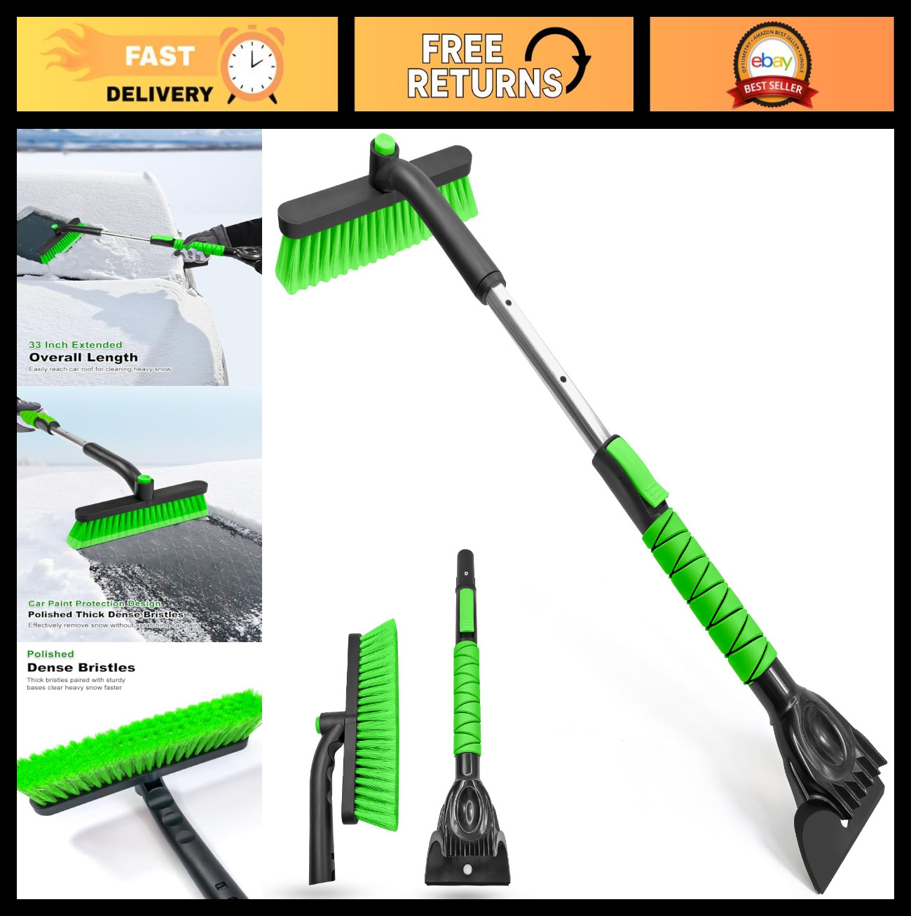 33" Extendable Ice Scraper & Snow Brush for Car Windshield - Foam Grip, Green