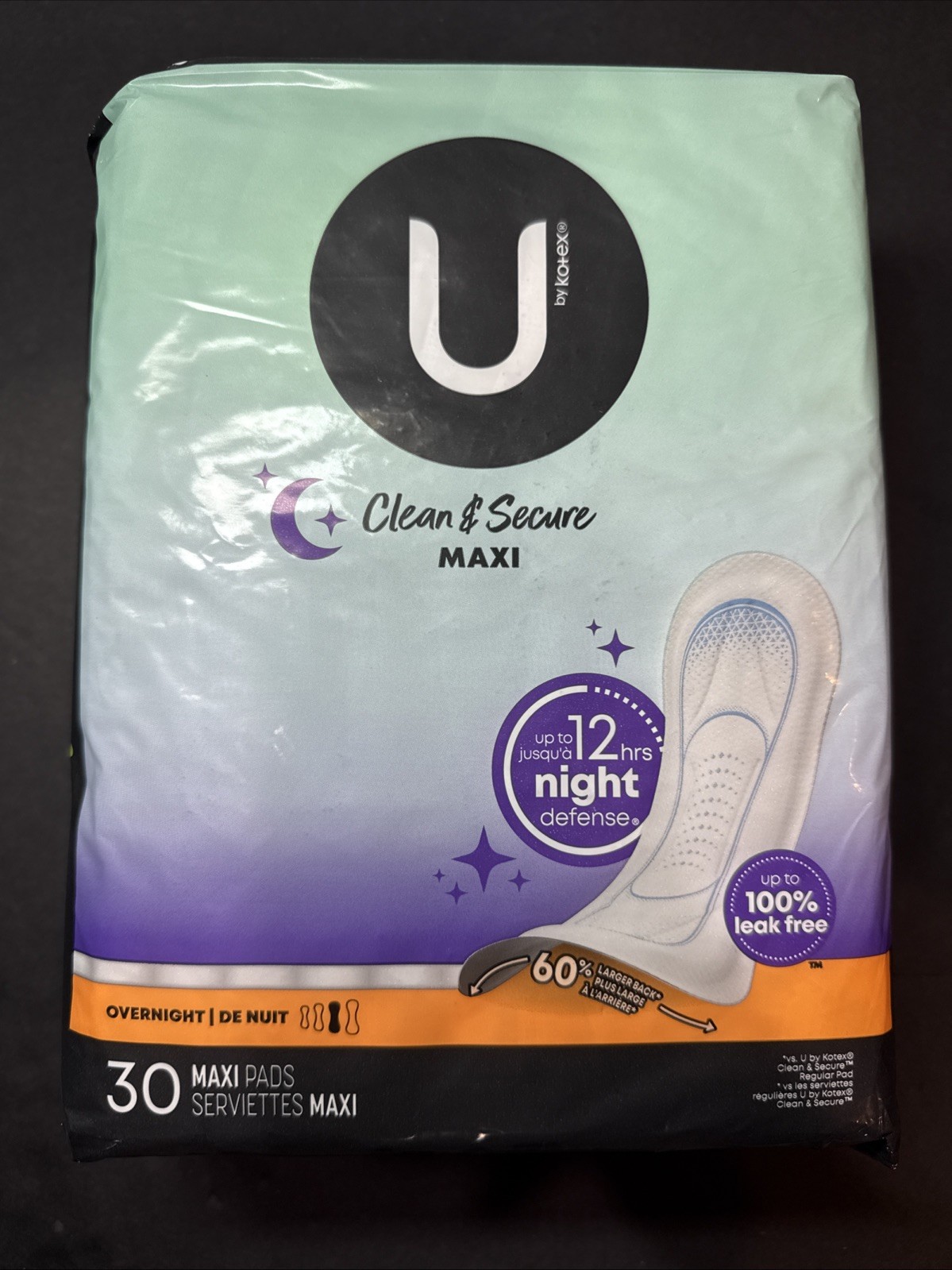 U by Kotex Clean & Secure Overnight Maxi Pads, 30 Count