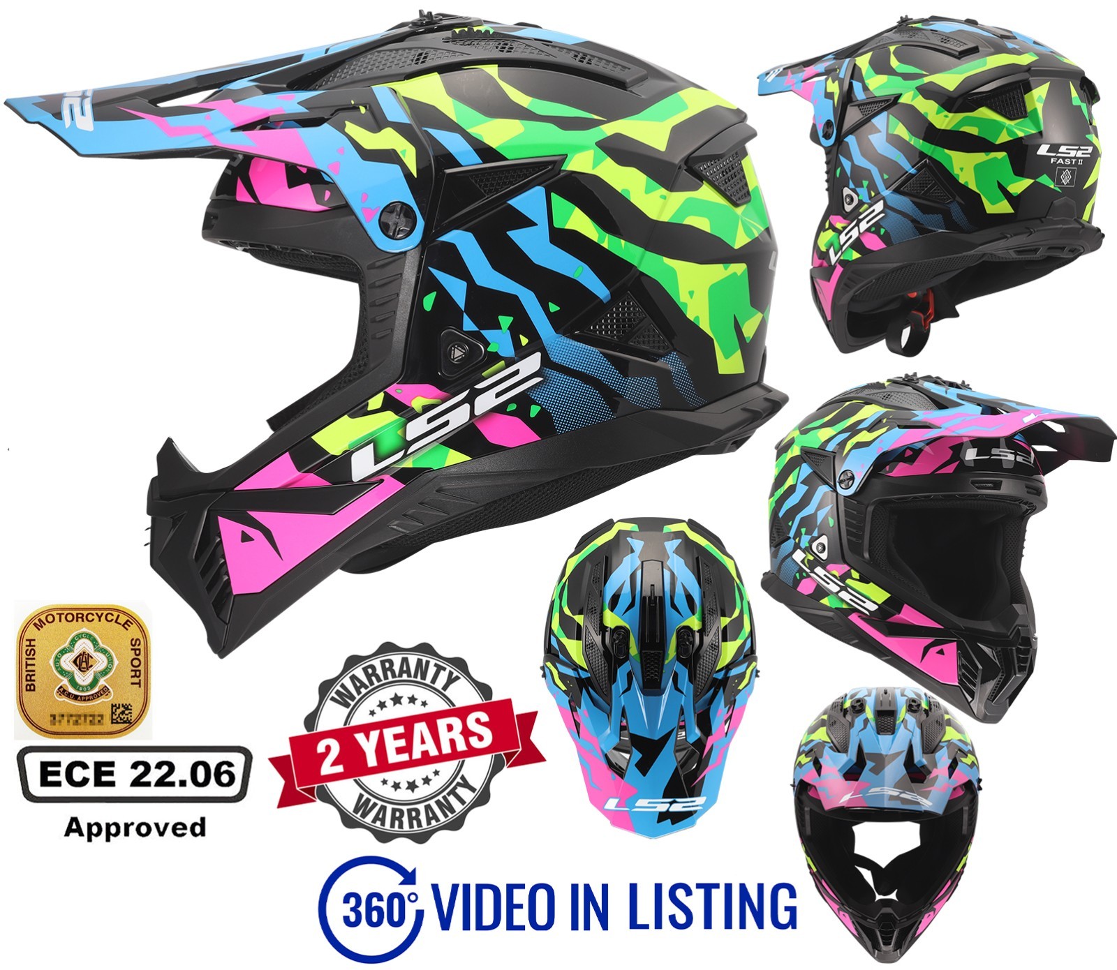 LS2 MX708 FAST II  ECE22.06 OFFROAD MX QUAD  MOTORBIKE HELMET BLUE PINK GROTESK
