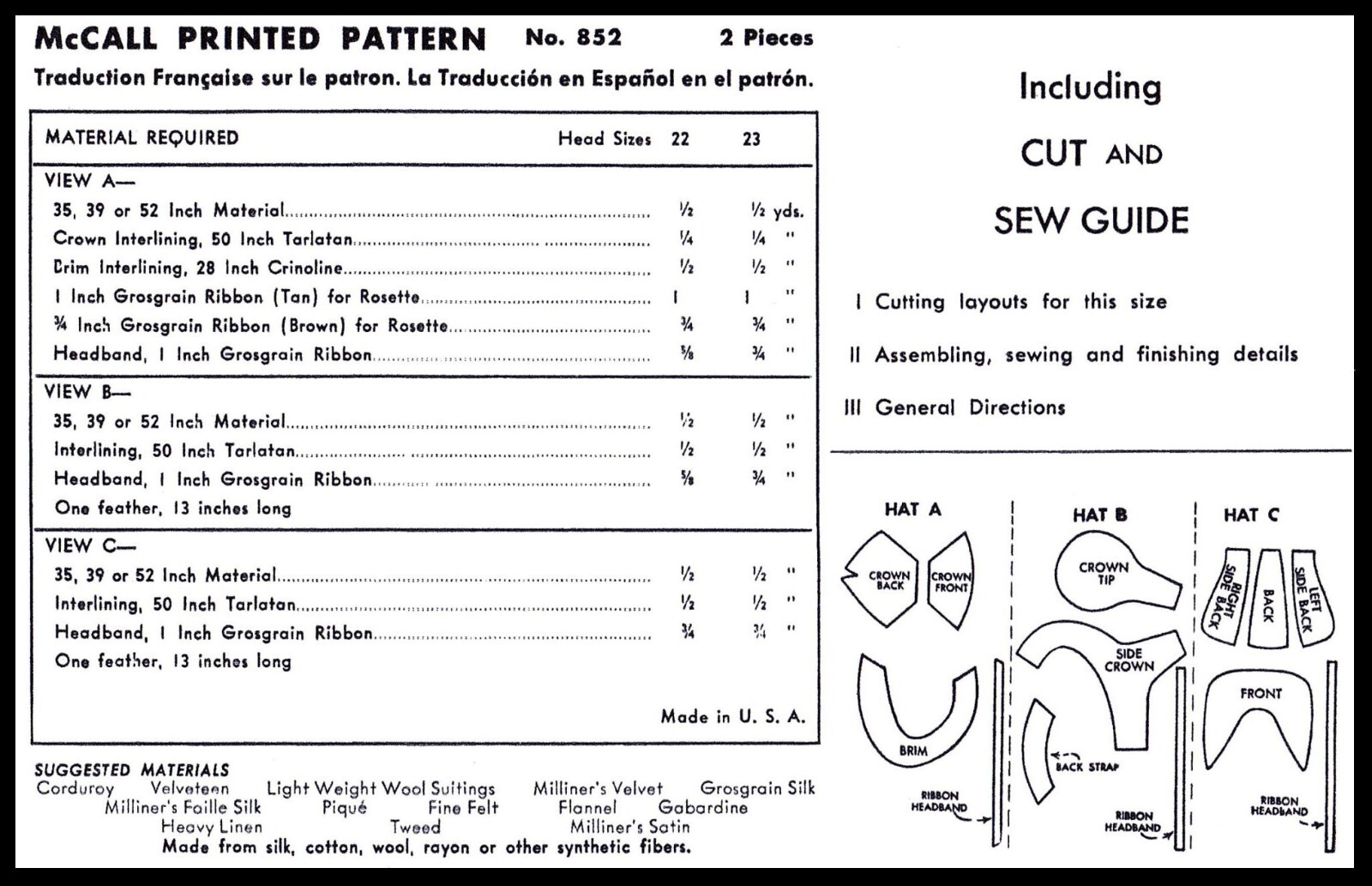 McCALL 852 Pattern Hat Beret Cap Chemo 1 Size