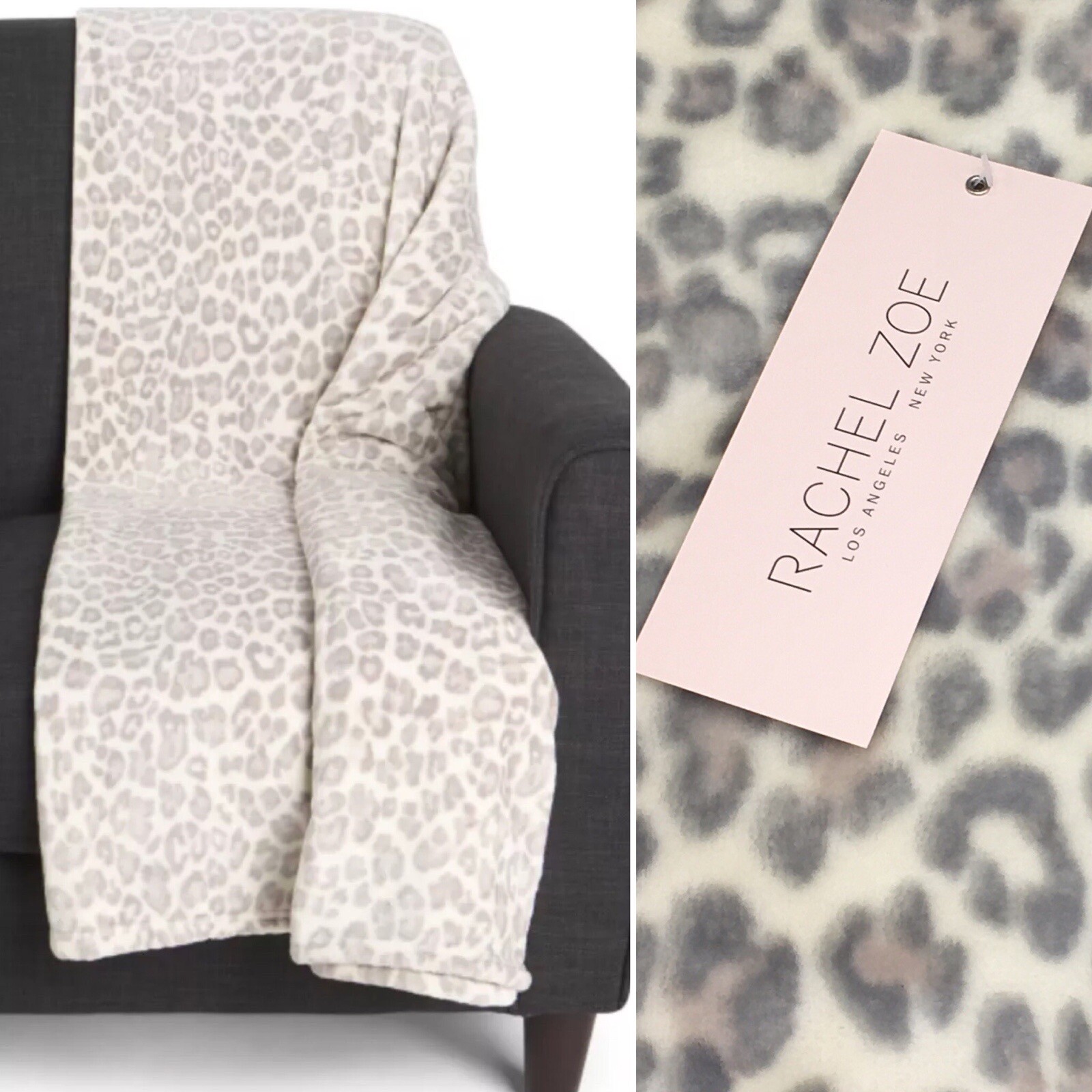 Rachel Zoe Snow Leopard Throw Blanket Microfleece Gray Cream 60x70 Oversize