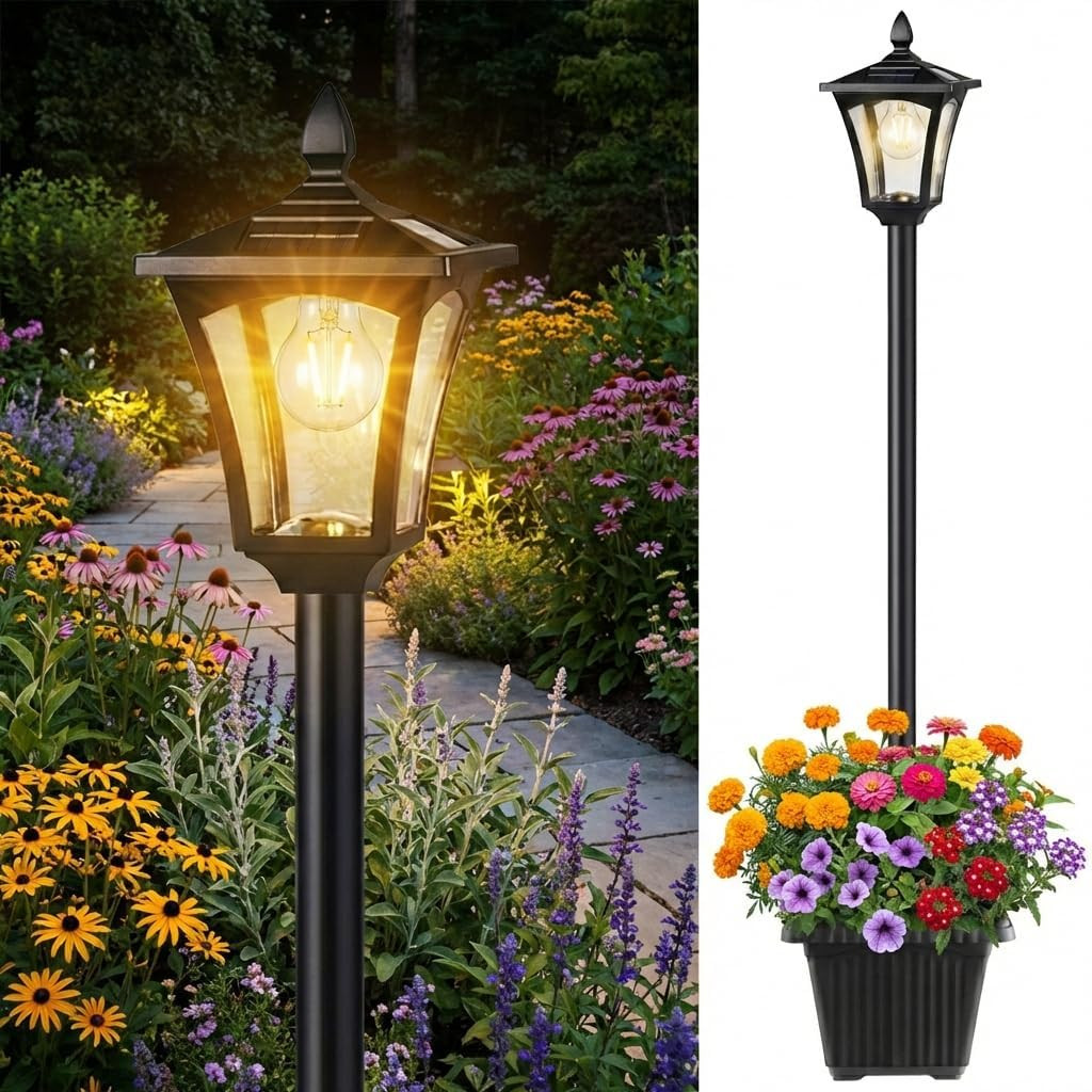 76" Solar Lamp Post Lights with Planter, Glass & Metal Street Light Outdoor Wate