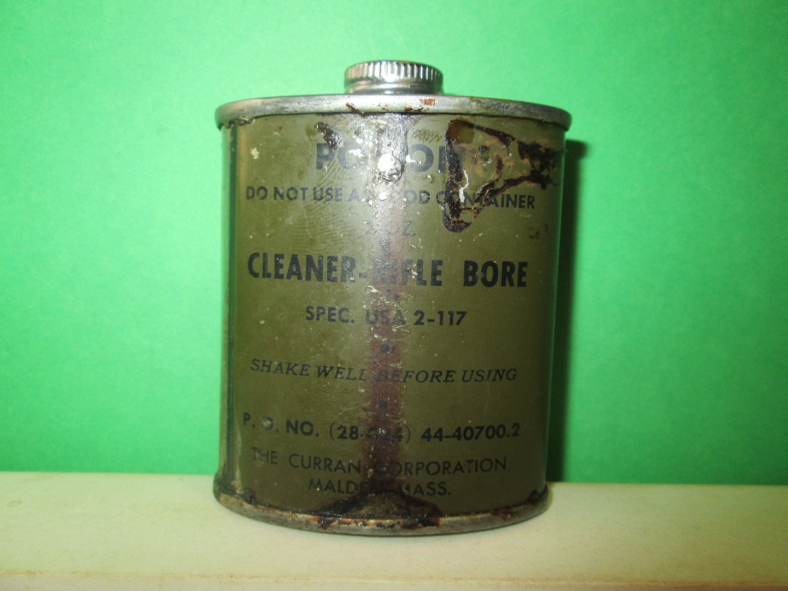 2 oz can Rifle Bore Cleaner WWII USA 2-117 Military Curran METAL tin steel CAN