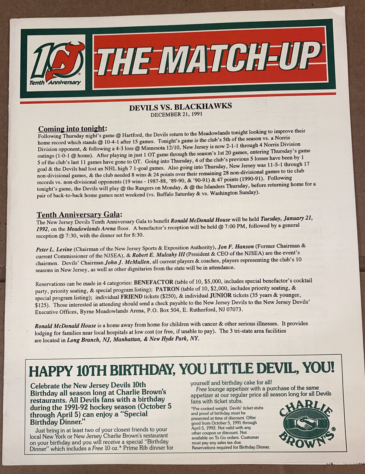 NJ Devils 10th Anniversary 12/21/1991 Match-up Sheet Vs Blackhawks