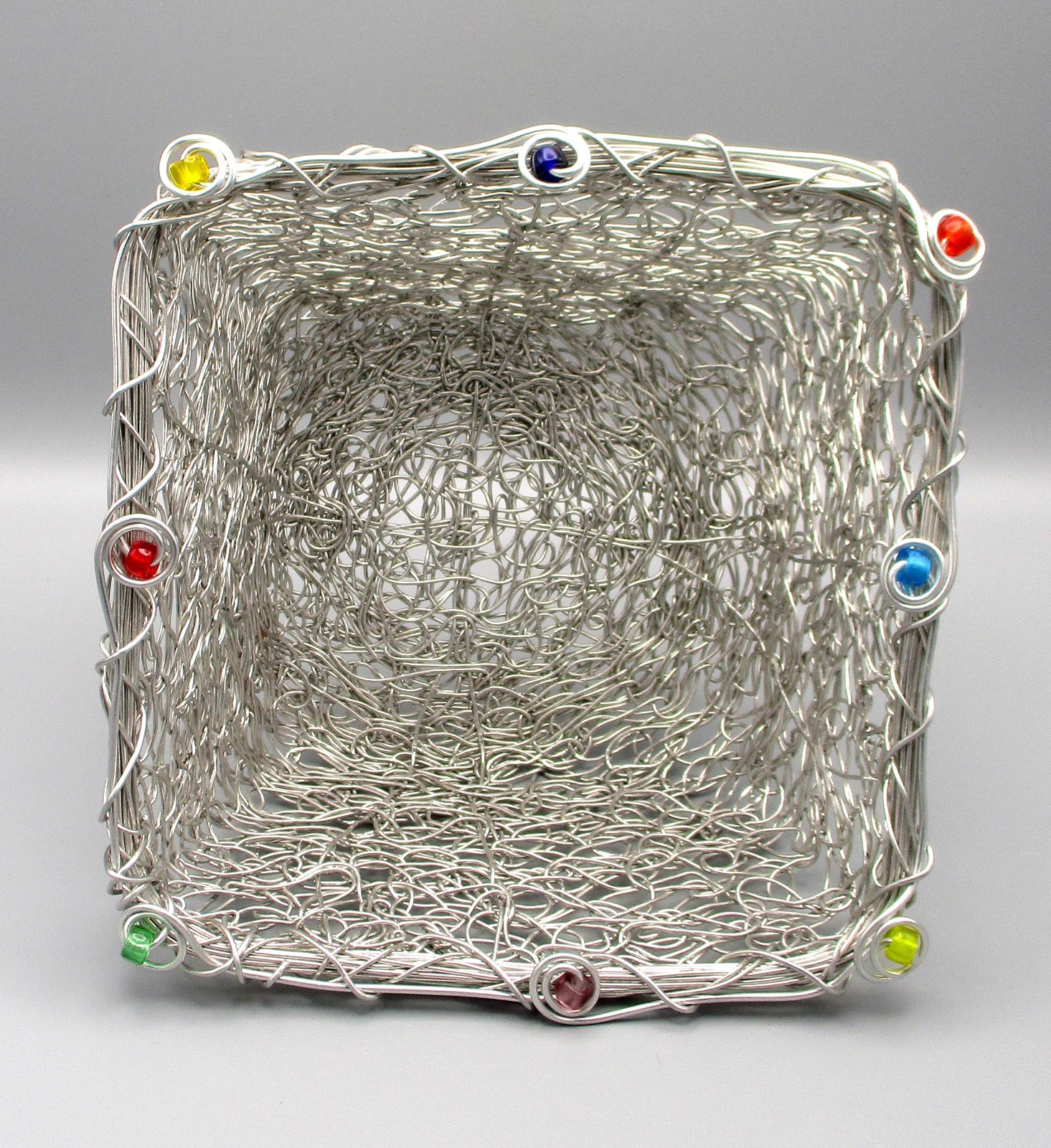 Decorative 8" Square x 4" High Wire Basket with Colored Beads