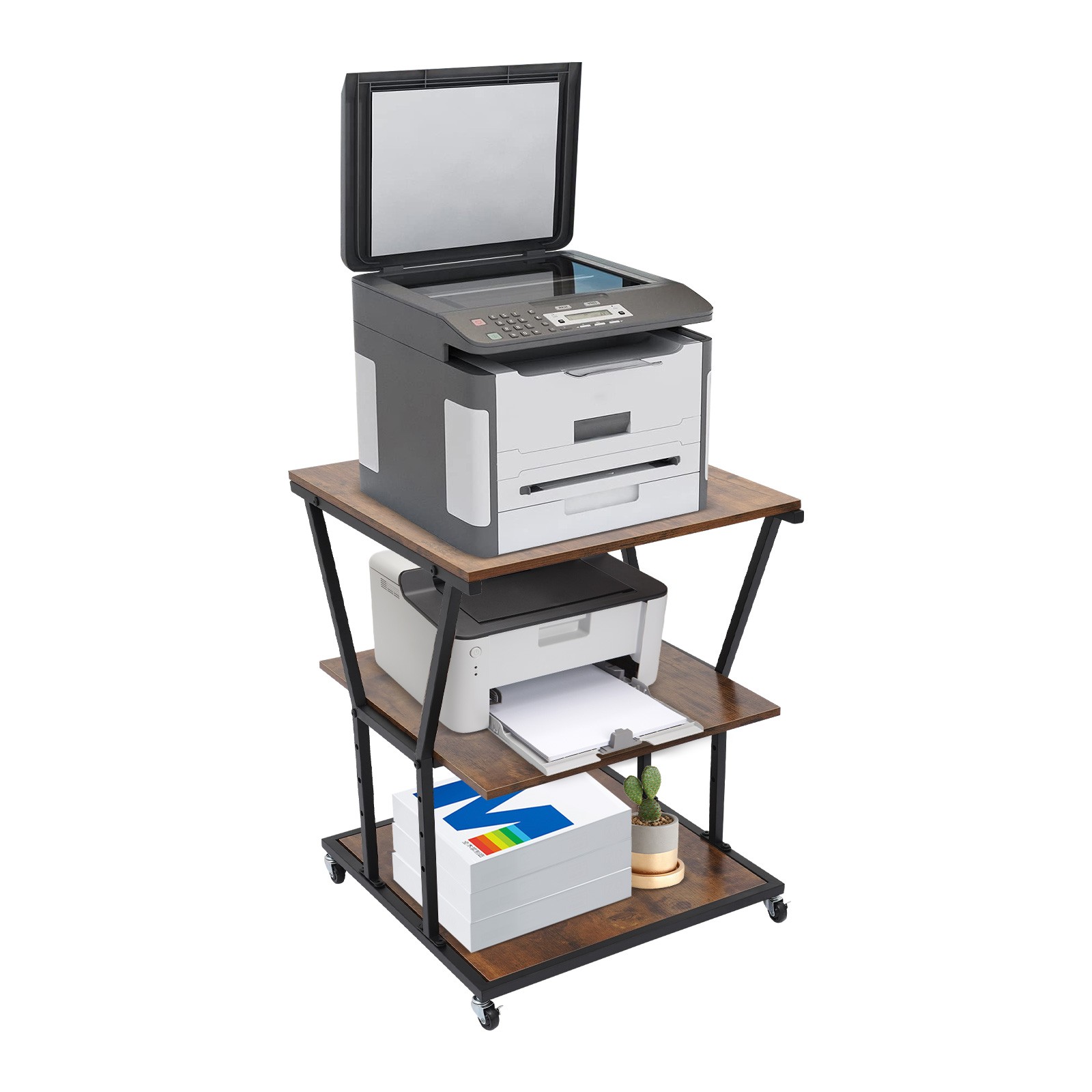 3-Tier Printer Stand with Adjustable Shelves & Wheels for Home/Office