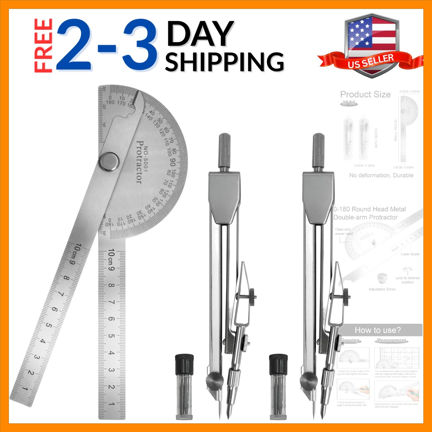 - 10cm 3.94 Inch Stainless Steel Angle Finder with 2 Metal Compasses, 180° Ad...