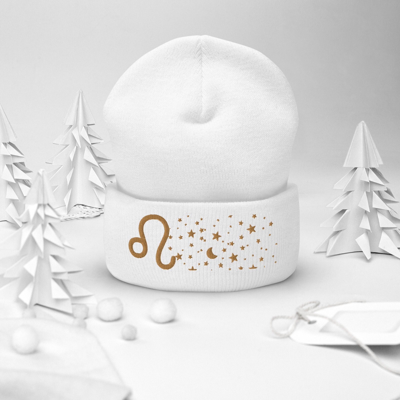 Leo Lion in the Stars Knit Beanie - Cozy Knit Hat | White