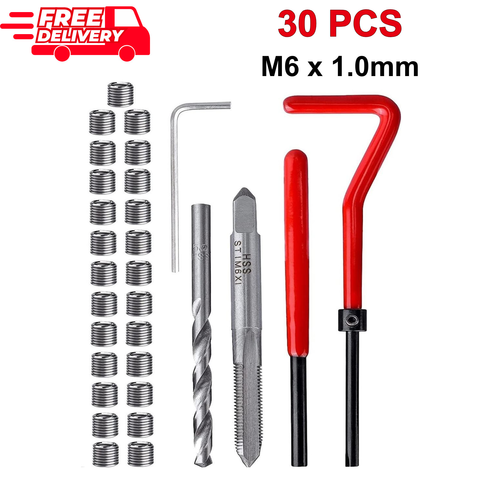 30PCS M6 x 1.0mm Thread Repair Insert Kit Stainless Steel Thread for Auto Repair