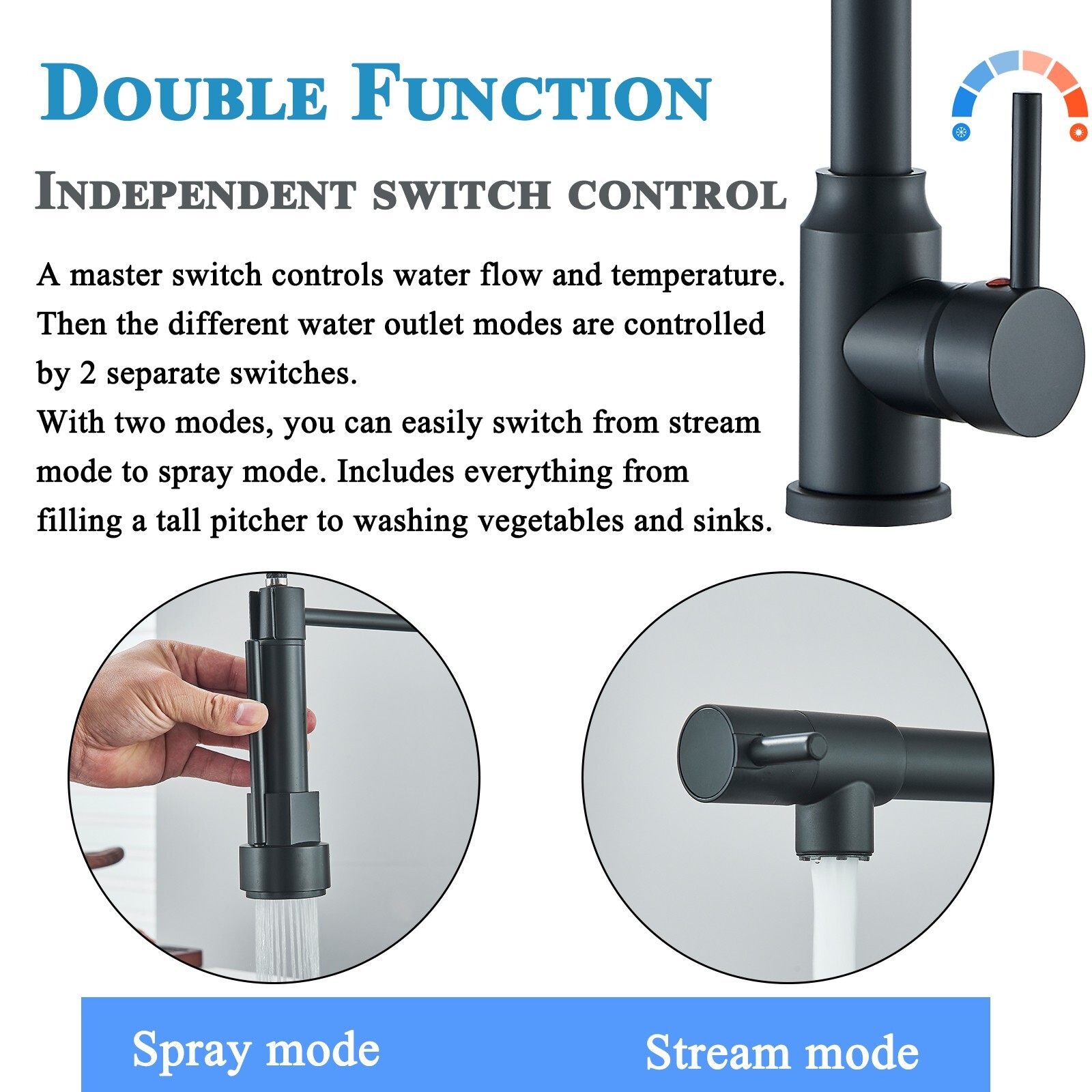 Black Spring Kitchen Faucet Pull Down Sprayer Swivel Single Handle Sink Mixer