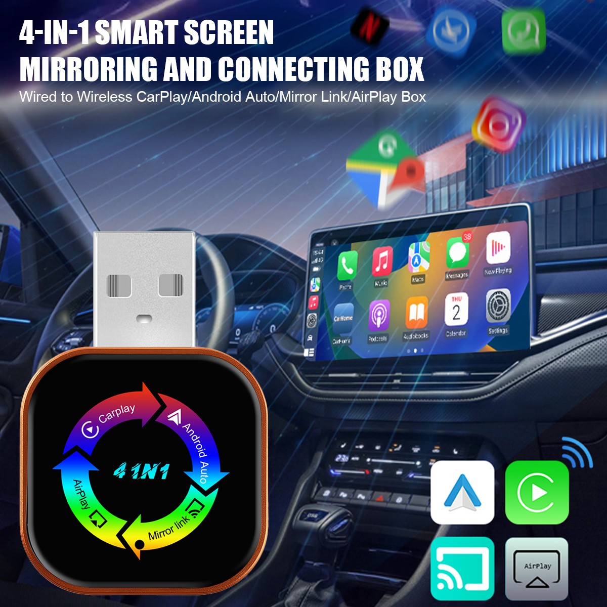 4 IN 1 2026 Newest CarPlay Adapter Wireless CarPlay Auto Mirror Link Plug & Play