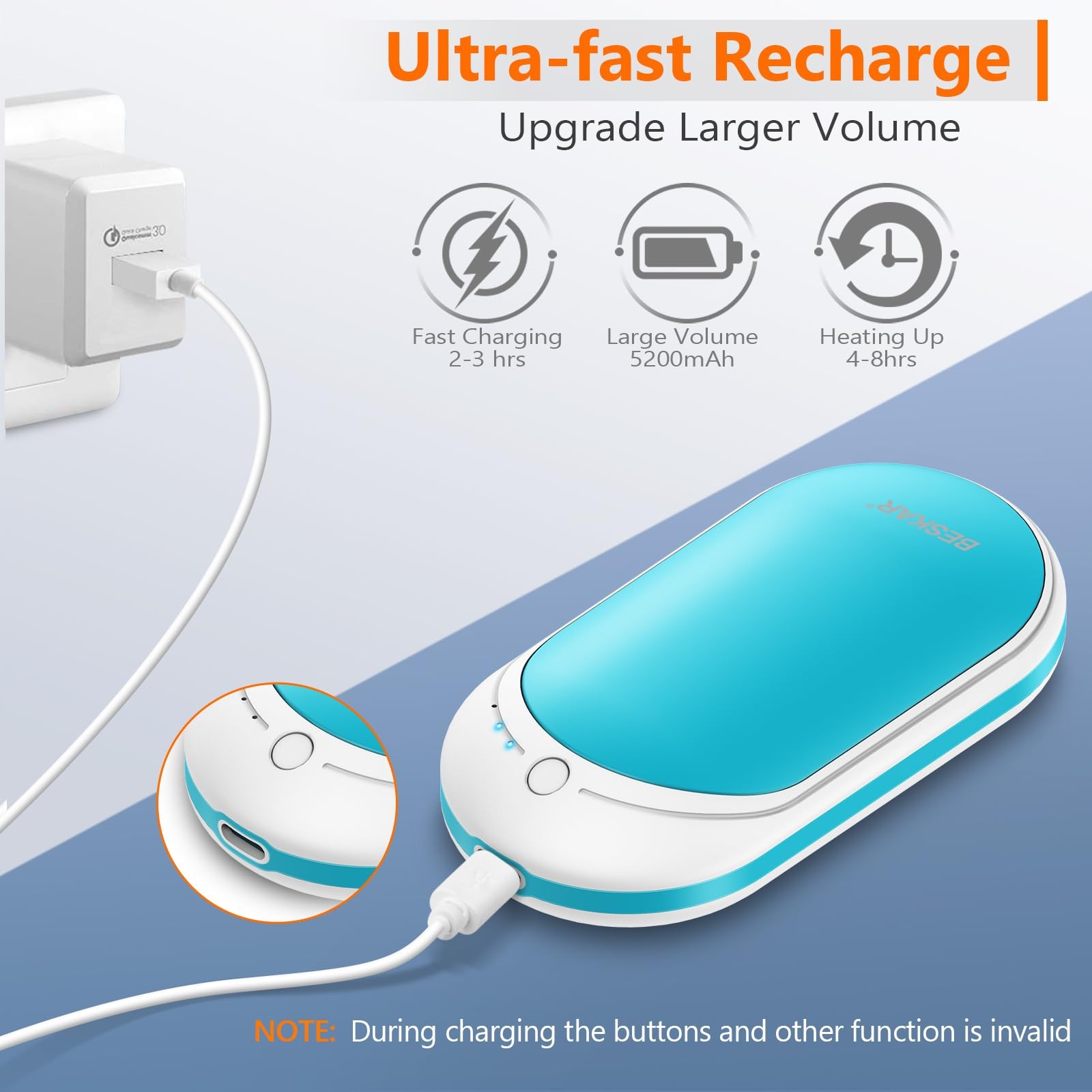 Rechargeable Hand Warmer 5200mAh, Double-Sided Heating, USB Quick Charge