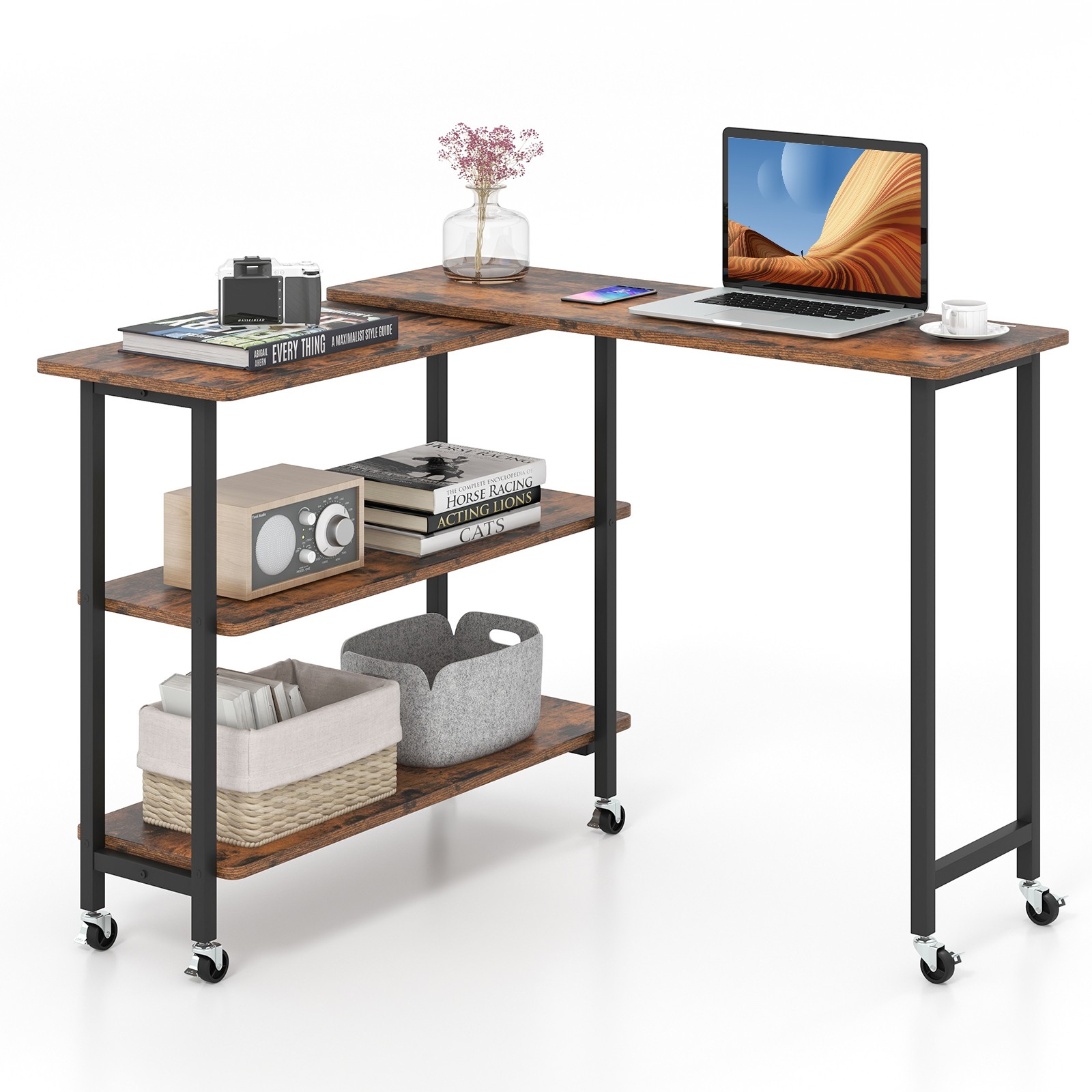 360° Swivel Rolling Sofa Side Table w/ 2-Tier Storage Shelves 6 Lockable Casters