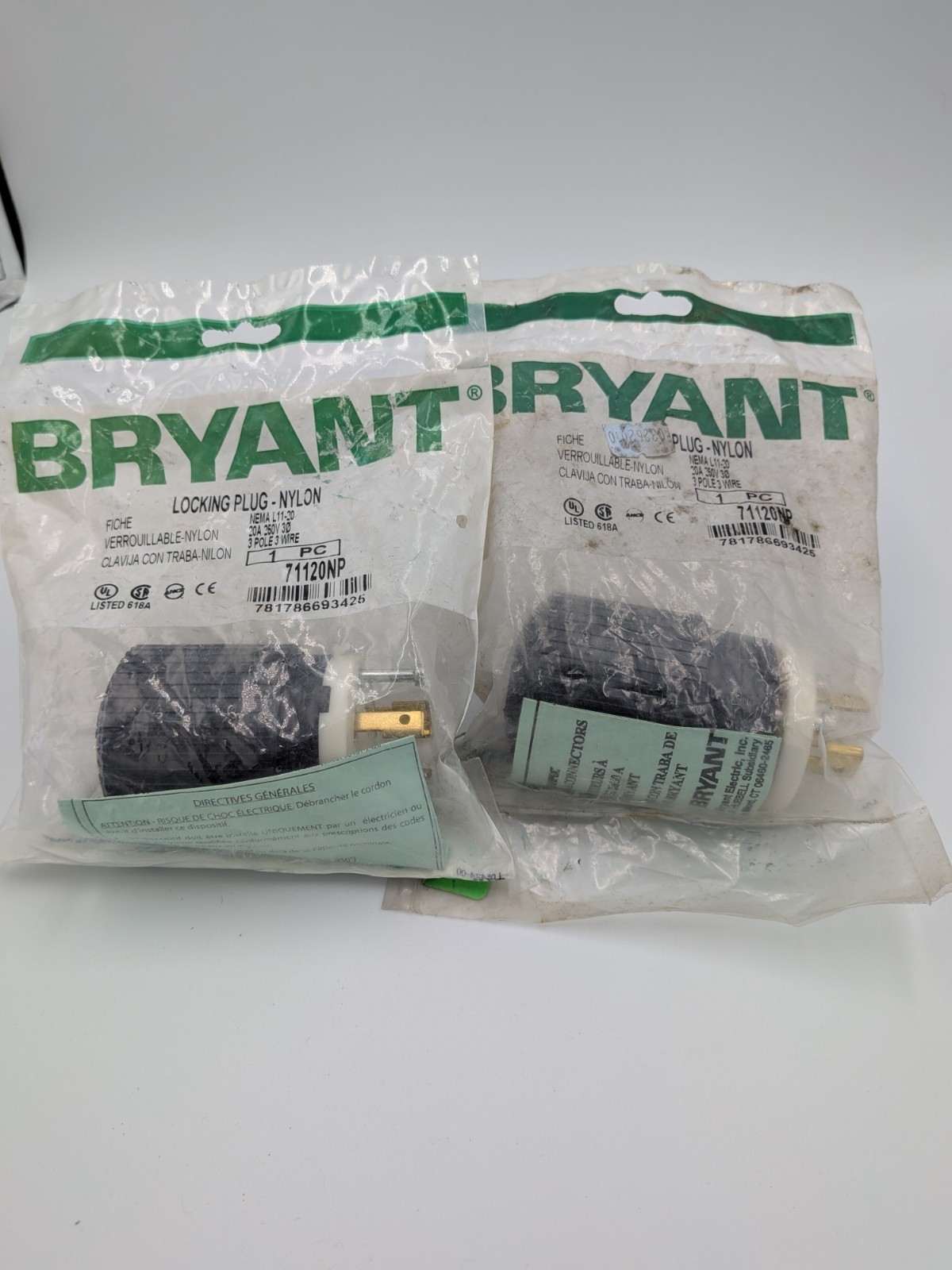 (2pc) Bryant L11-20 Locking Plugs 20A 250V/600V NEMA L11-20P Industrial 71120NP