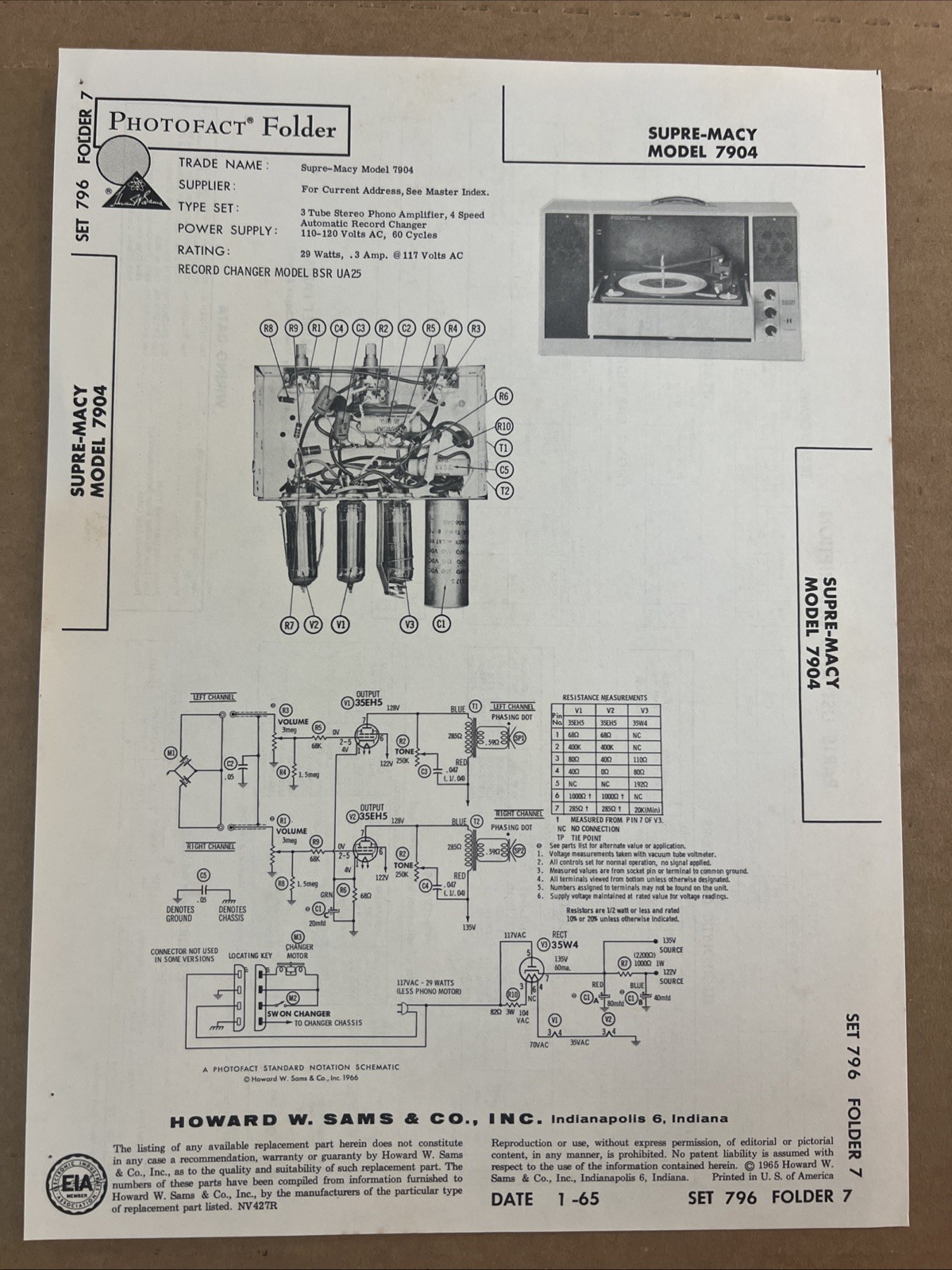 Vintage Sams Photofact Schematic 1-1965 SUPRE-MACY MODEL 7904