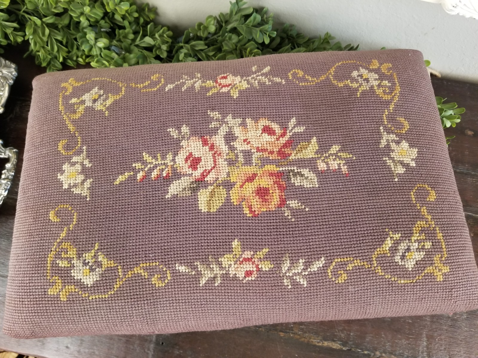 Antique Early 1900's Floral & Rose Needlepoint Wooden Footstool in Deep Mauve