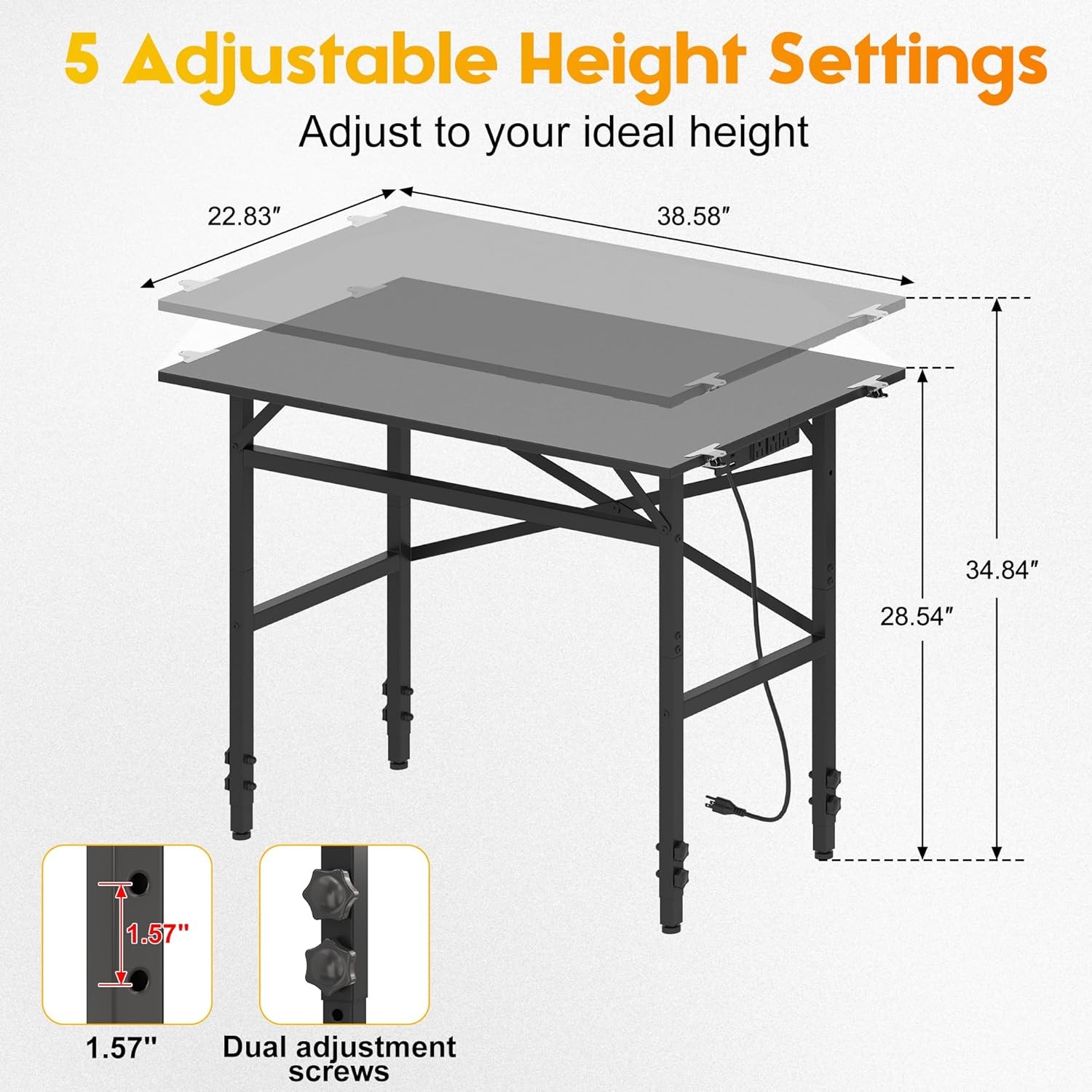 Small Adjustable Height Workbench，Iron Workbench W/ Power Strip 3 Outlets USB