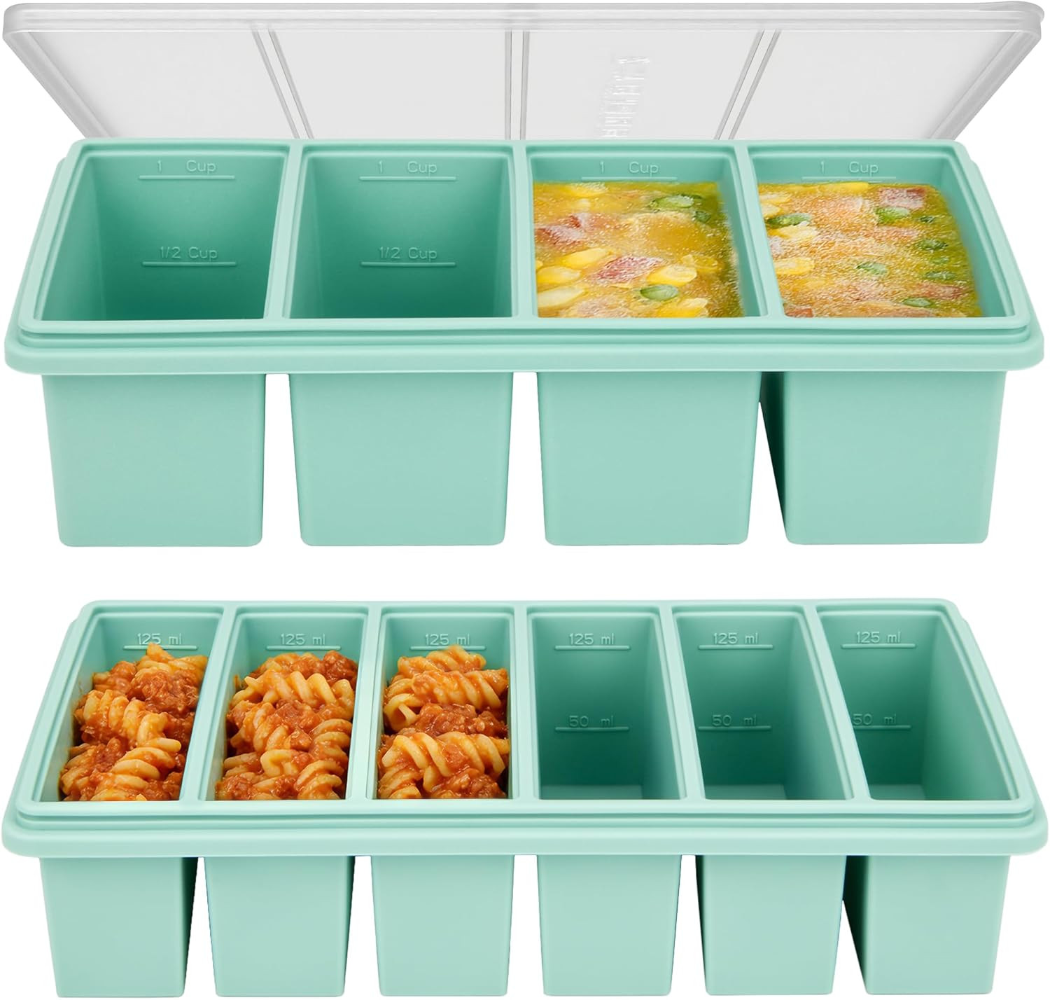 Silicone Freezer Trays with Lids, 1 Cup & 1/2 Cup Combo, Soup Container Style