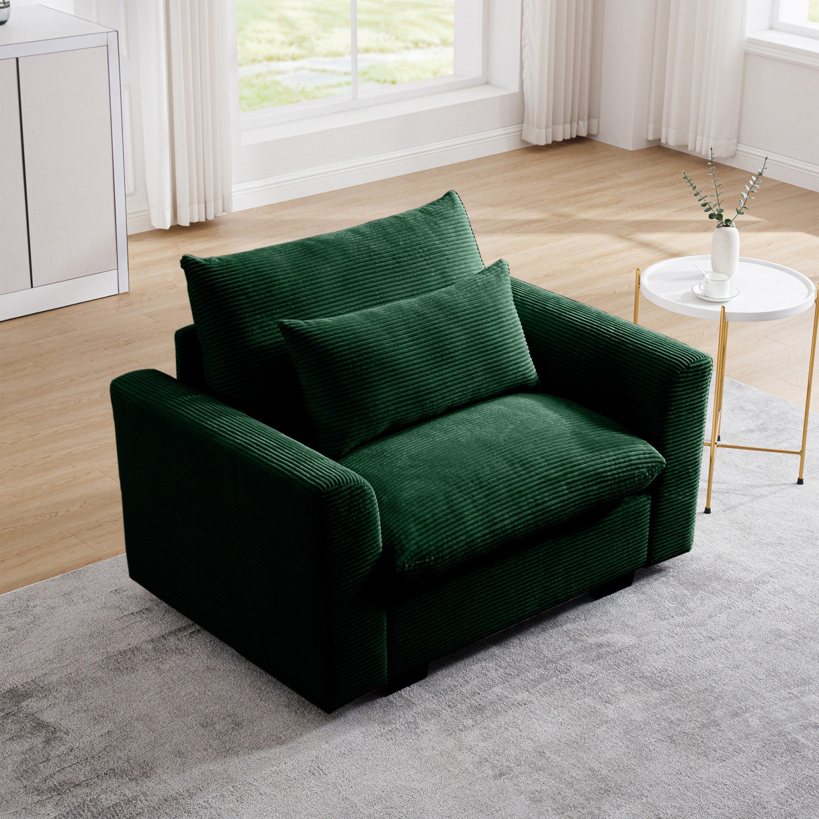 Corduroy Deep Seat Accent Chair Sofa with Waist Pillow, Green