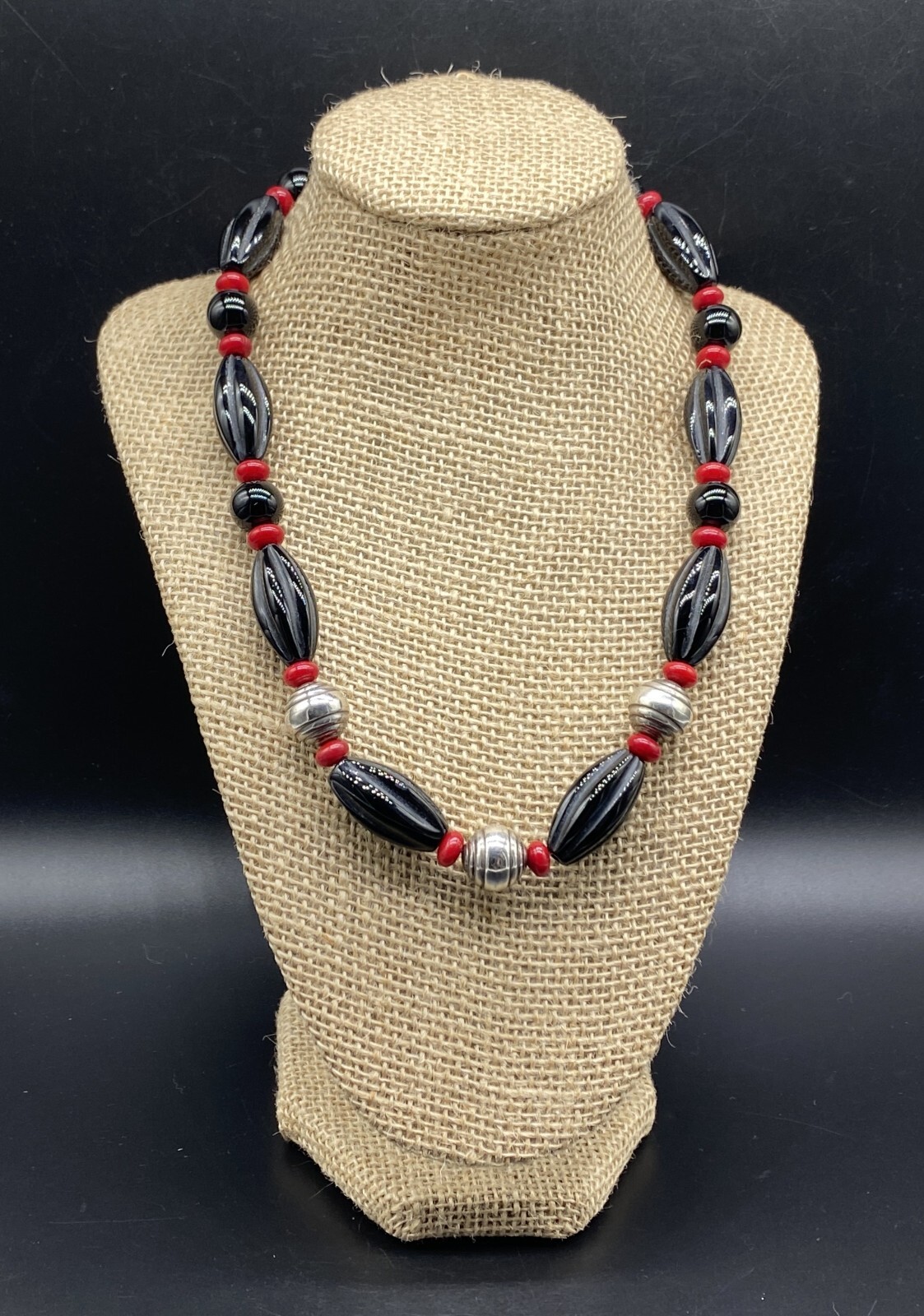 MERAV-Sterling Silver Carved Onyx Red Stone Bead Necklace-MADE IN SOUTH AFRICA