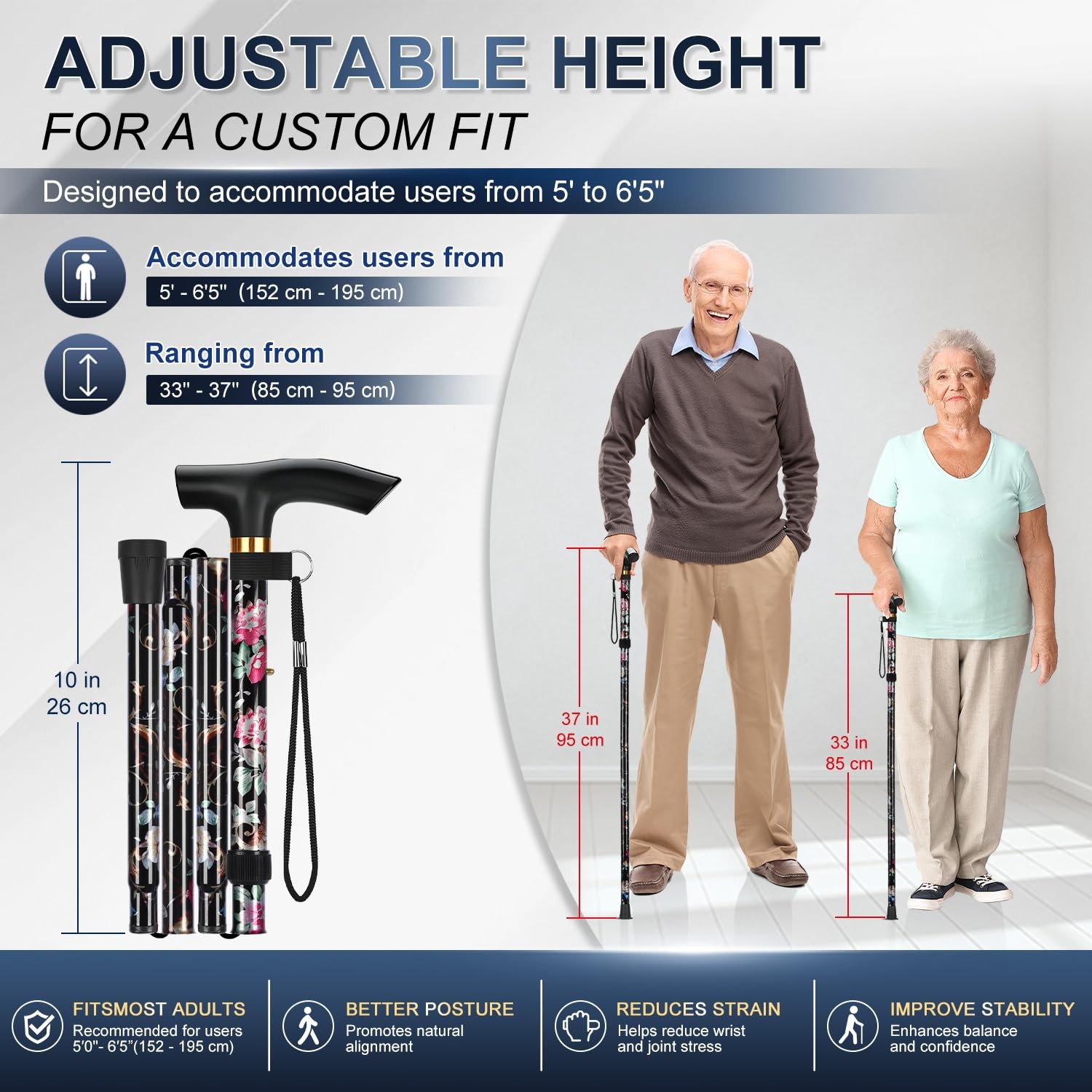 Folding Cane, 5-Level Adjustable Height 33-37", Black Floral