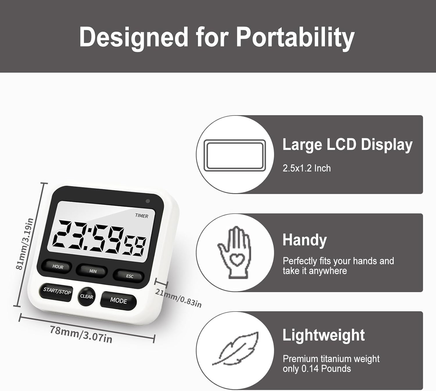 Digital Kitchen Timer with Mute/Loud Alarm Count Up/Down 24 Hour Clock