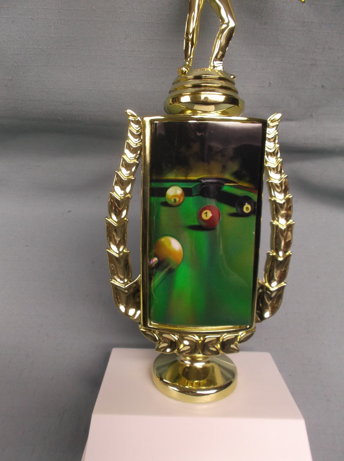 male pool billiards color insert riser trophy award weighted white base