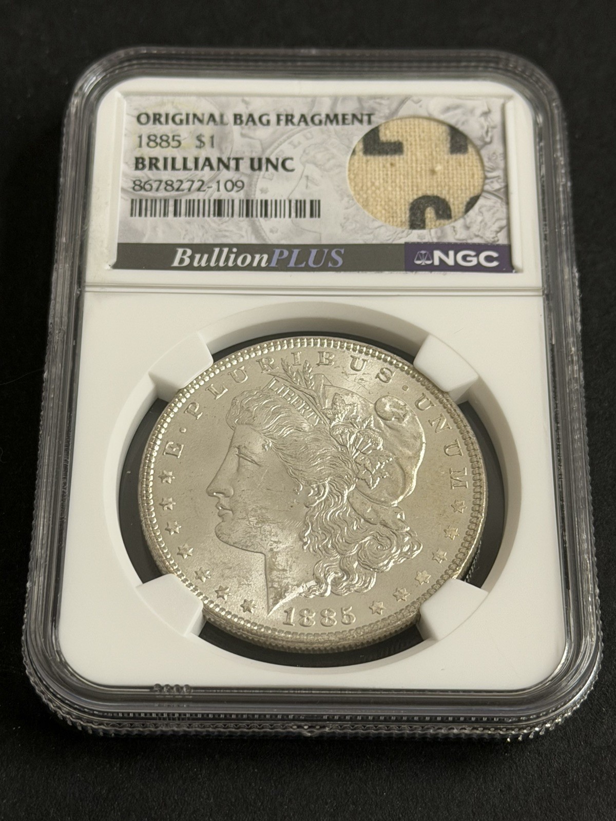 1885-P Morgan Silver $1 Original Bag Fragment US Mint Lettering BU NGC Rare